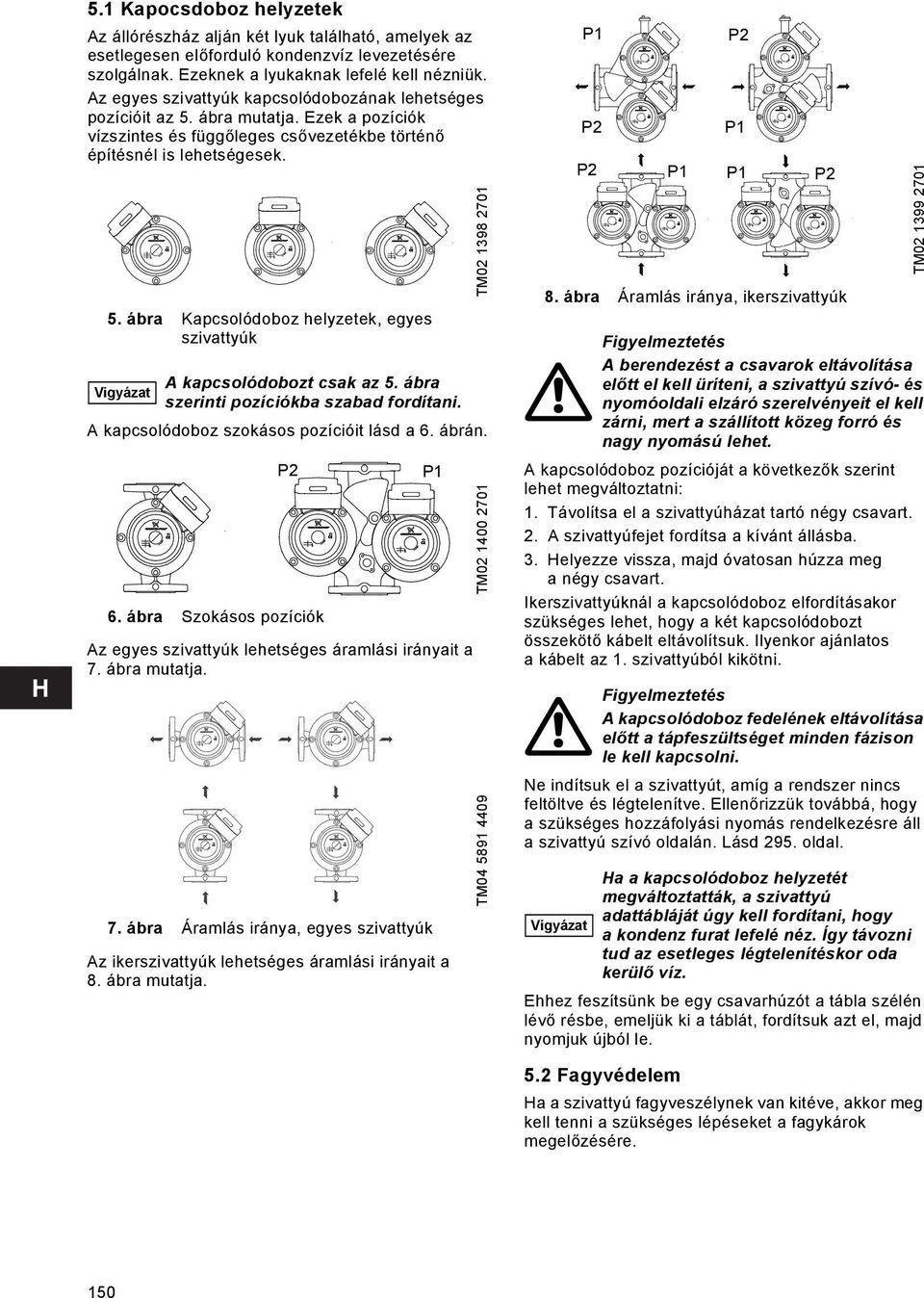 ábra szerinti pozíciókba szabad fordítani. A kapcsolódoboz szokásos pozícióit lásd a 6. ábrán. P2 P1 6. ábra Szokásos pozíciók Az egyes szivattyúk lehetséges áramlási irányait a 7.