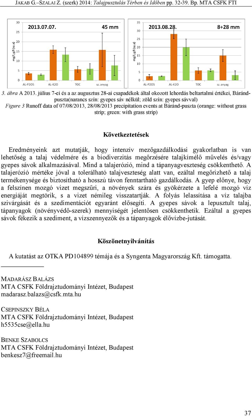 28/08/2013 precipitation events at Báránd-puszta (orange: without grass strip; green: with grass strip) Következtetések Eredményeink azt mutatják, hogy intenzív mezőgazdálkodási gyakorlatban is van