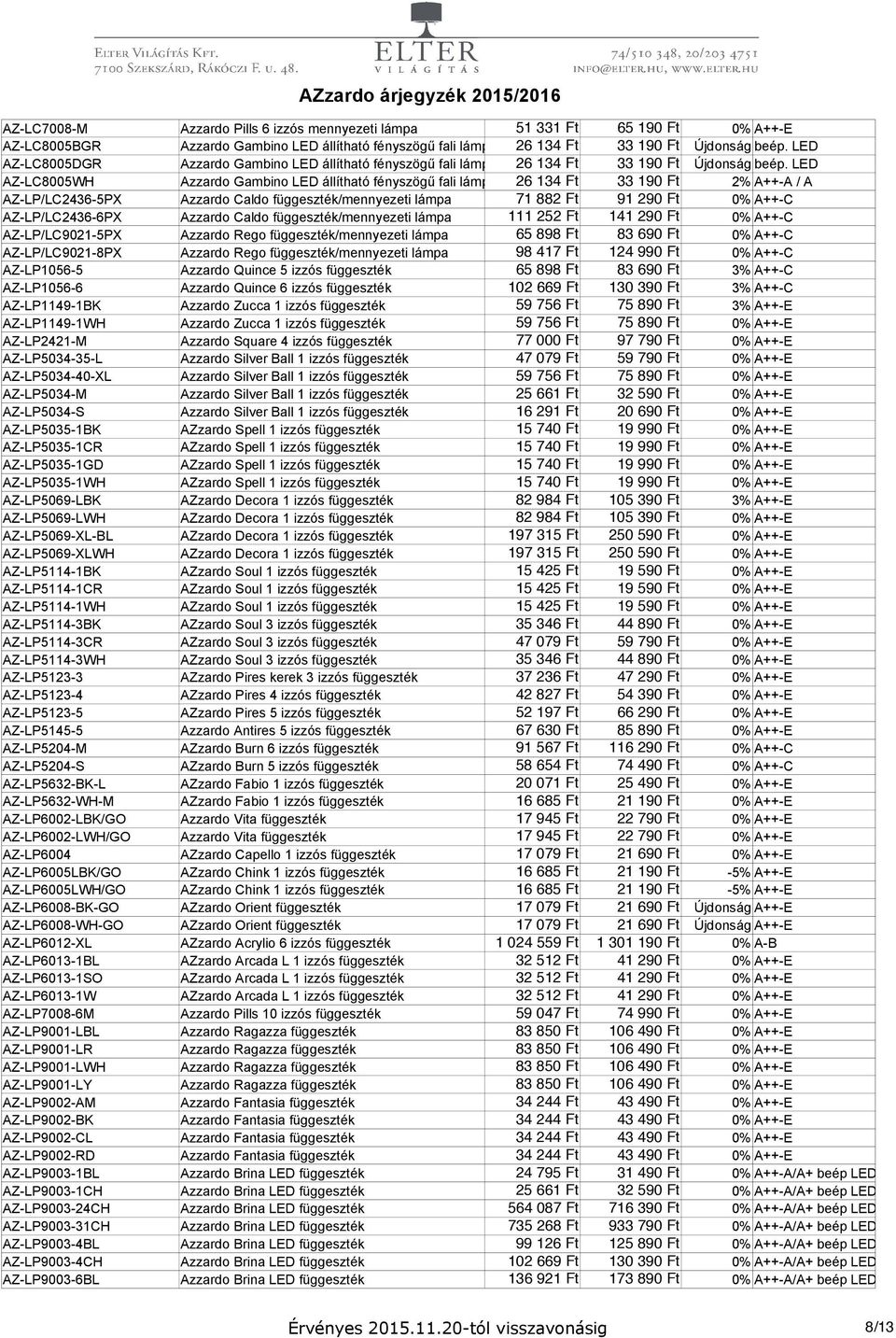 LED AZ-LC8005WH Azzardo Gambino LED állítható fényszögű fali lámpa 26 134 Ft 33 190 Ft 2% A++-A / A AZ-LP/LC2436-5PX Azzardo Caldo függeszték/mennyezeti lámpa 71 882 Ft 91 290 Ft 0% A++-C