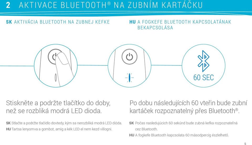 SK Stlačte a podržte tlačidlo dovtedy, kým sa nerozbliká modrá LED dióda. HU Tartsa lenyomva a gombot, amig a kék LED el nem kezd villogni.