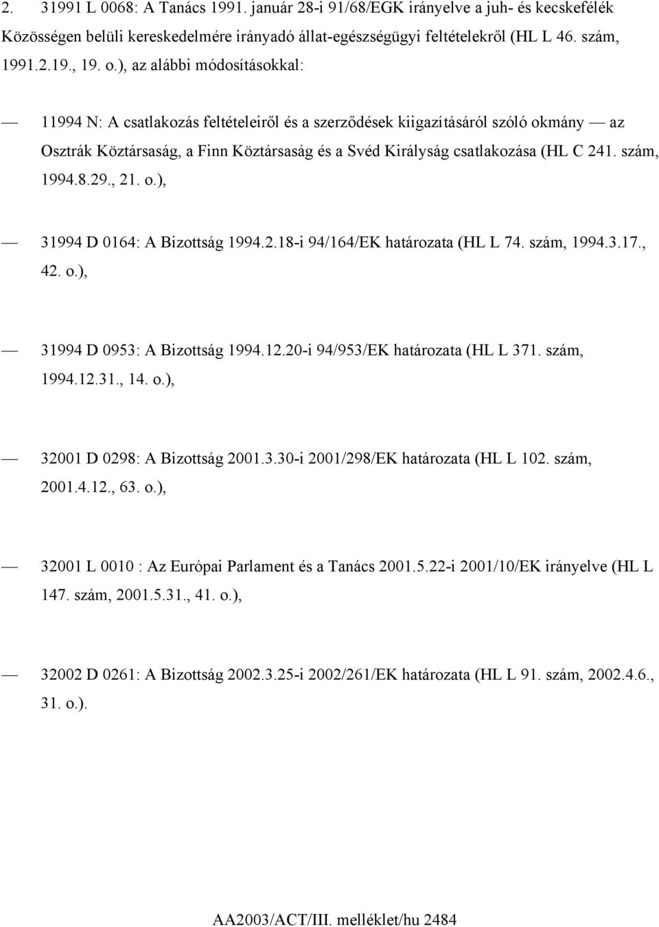 szám, 1994.8.29., 21. o.), 31994 D 0164: A Bizottság 1994.2.18-i 94/164/EK határozata (HL L 74. szám, 1994.3.17., 42. o.), 31994 D 0953: A Bizottság 1994.12.20-i 94/953/EK határozata (HL L 371.