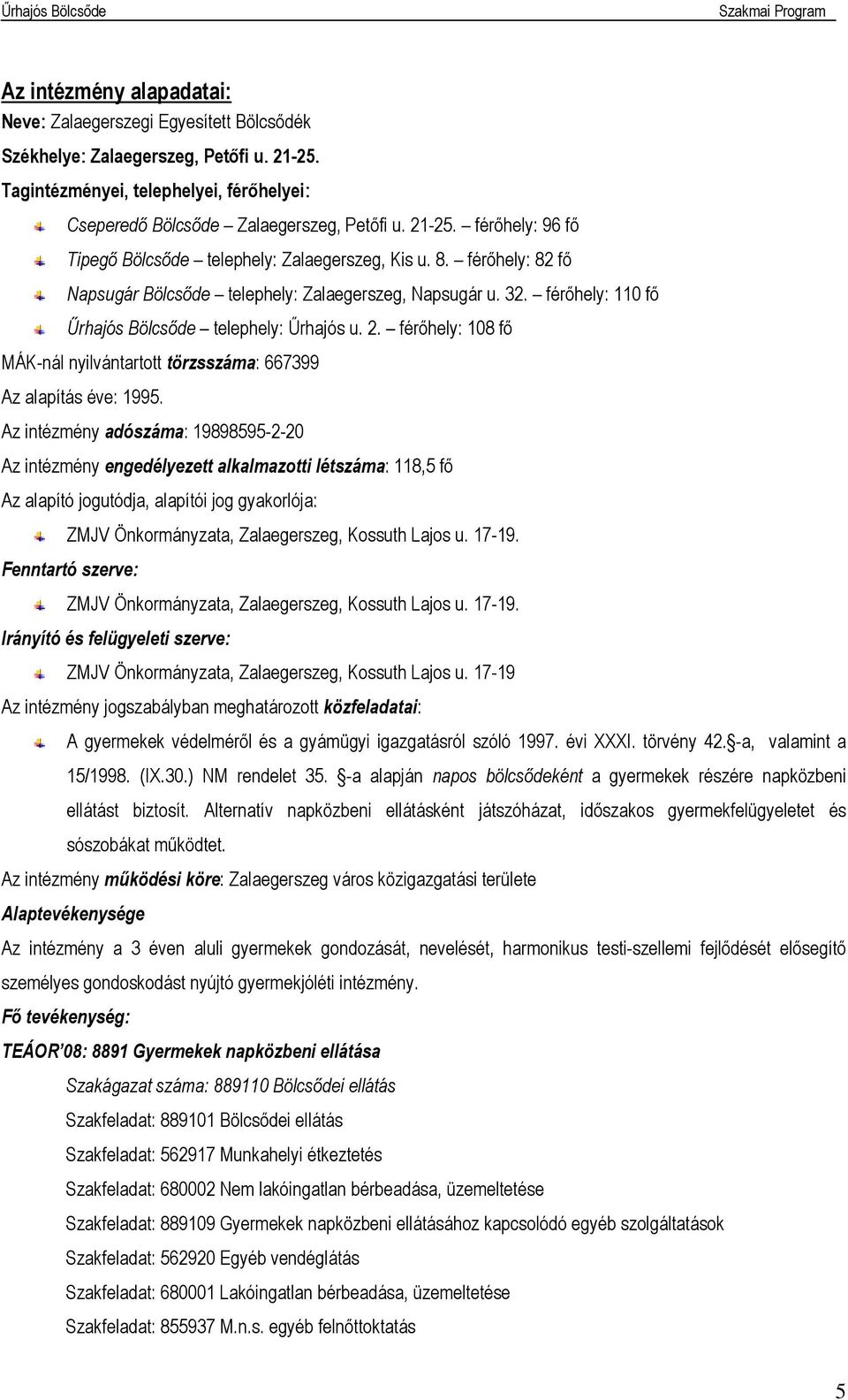 férőhely: 108 fő MÁK-nál nyilvántartott törzsszáma: 667399 Az alapítás éve: 1995.