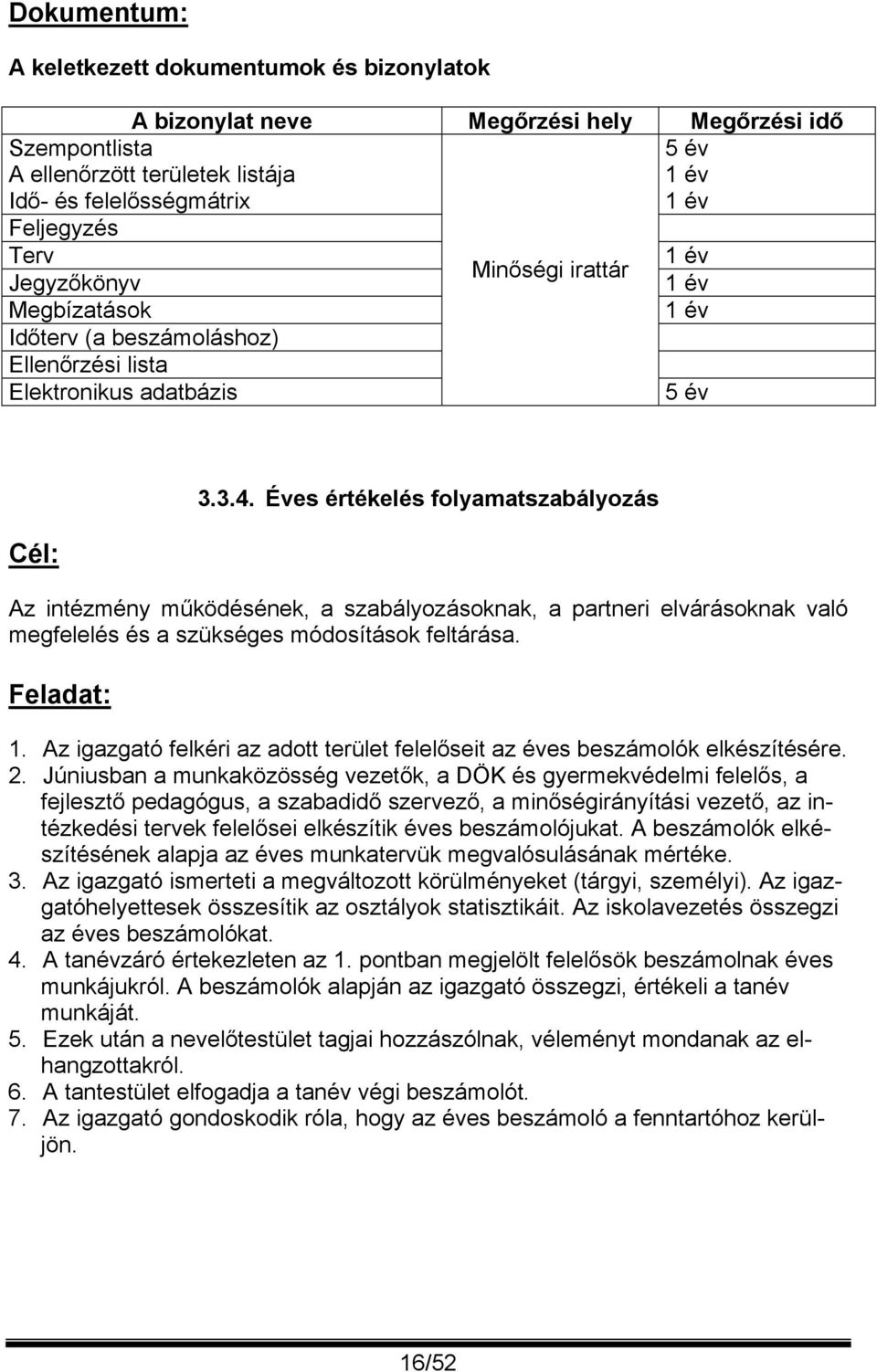 Éves értékelés folyamatszabályozás Az intézmény működésének, a szabályozásoknak, a partneri elvárásoknak való megfelelés és a szükséges módosítások feltárása. Feladat: 1.