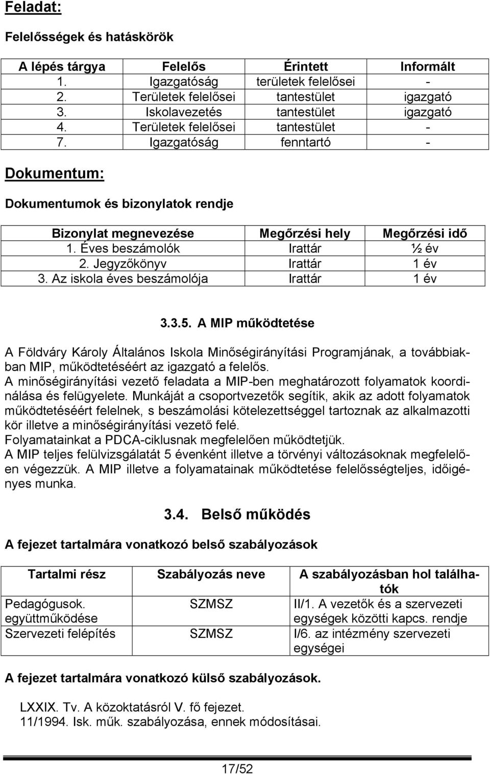 Jegyzőkönyv Irattár 1 év 3. Az iskola éves beszámolója Irattár 1 év 3.3.5.