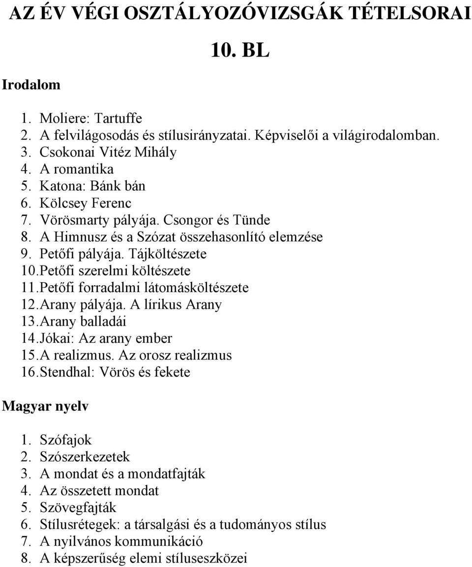 Petőfi forradalmi látomásköltészete 12. Arany pályája. A lírikus Arany 13. Arany balladái 14. Jókai: Az arany ember 15. A realizmus. Az orosz realizmus 16. Stendhal: Vörös és fekete Magyar nyelv 1.