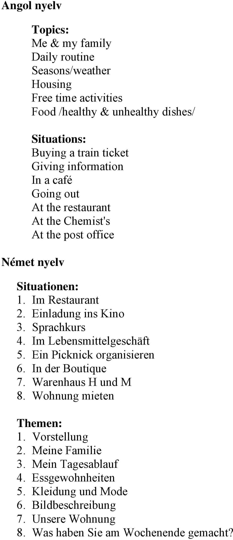 Einladung ins Kino 3. Sprachkurs 4. Im Lebensmittelgeschäft 5. Ein Picknick organisieren 6. In der Boutique 7. Warenhaus H und M 8.