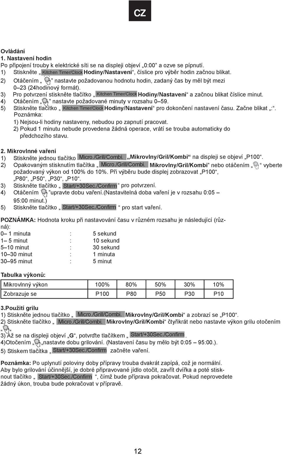 3) Pro potvrzení stiskněte tlačítko Kitchen Timer/Clock Hodiny/Nastavení a začnou blikat číslice minut. 4) Otáčením nastavte požadované minuty v rozsahu 0 59.