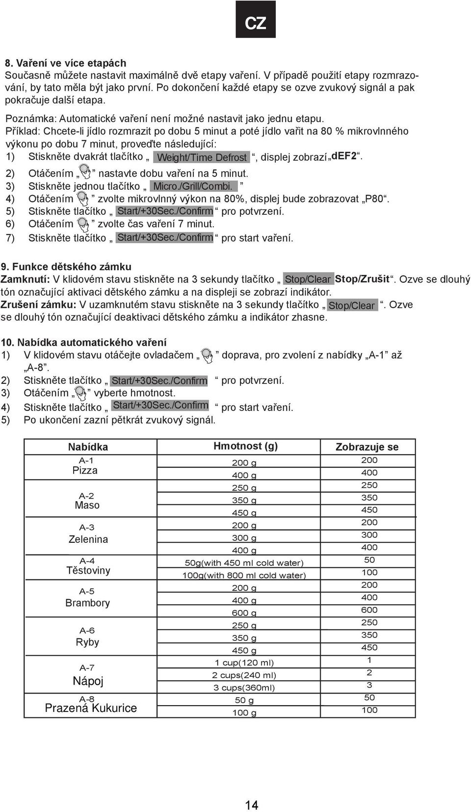 Příklad: Chcete-li jídlo rozmrazit po dobu 5 minut a poté jídlo vařit na 80 % mikrovlnného výkonu po dobu 7 minut, proveďte následující: 1) Stiskněte dvakrát tlačítko Weight/Time Defrost, displej