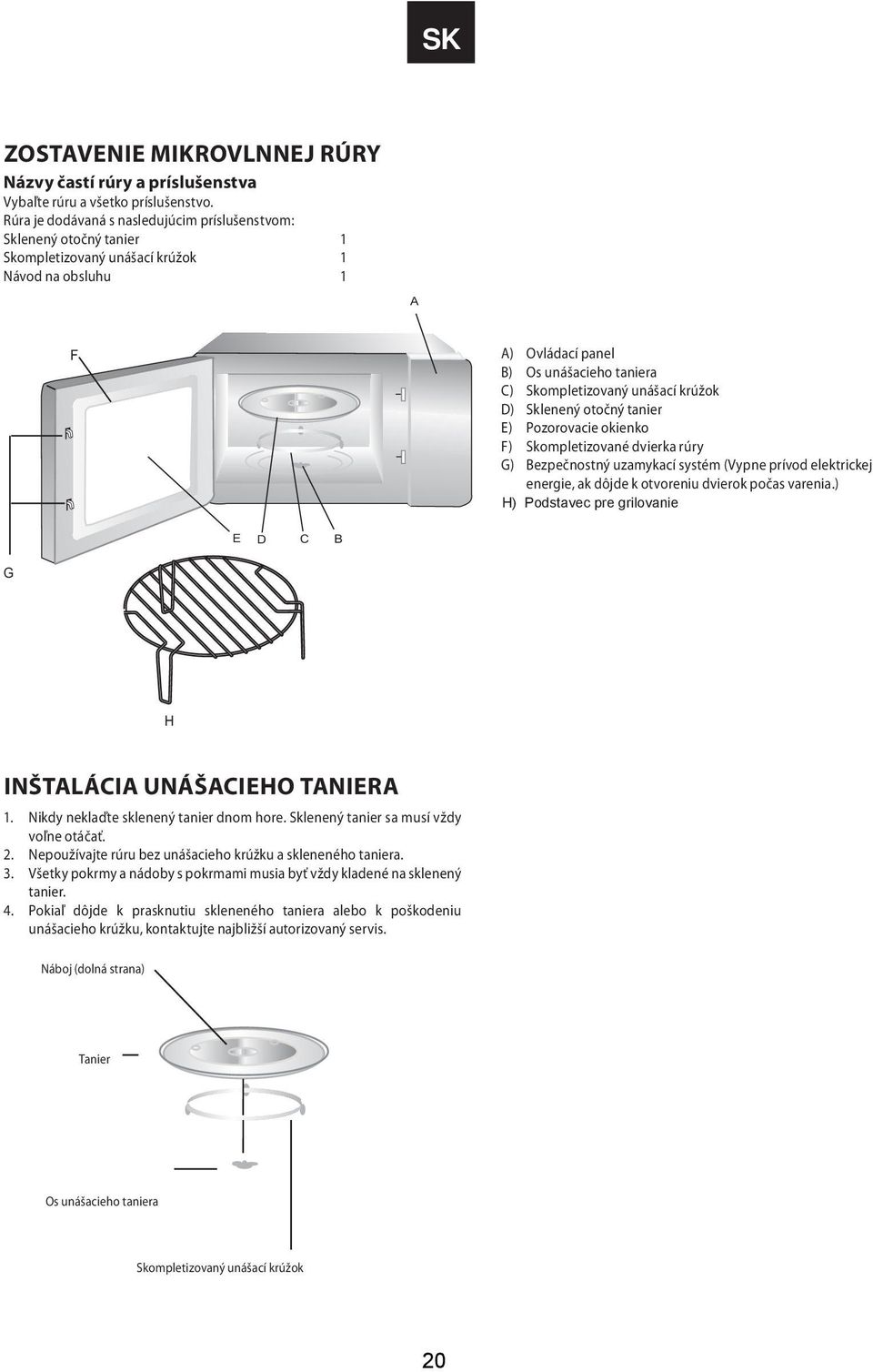 krúžok D) Sklenený otočný tanier E) Pozorovacie okienko F) Skompletizované dvierka rúry G) Bezpečnostný uzamykací systém (Vypne prívod elektrickej energie, ak dôjde k otvoreniu dvierok počas varenia.