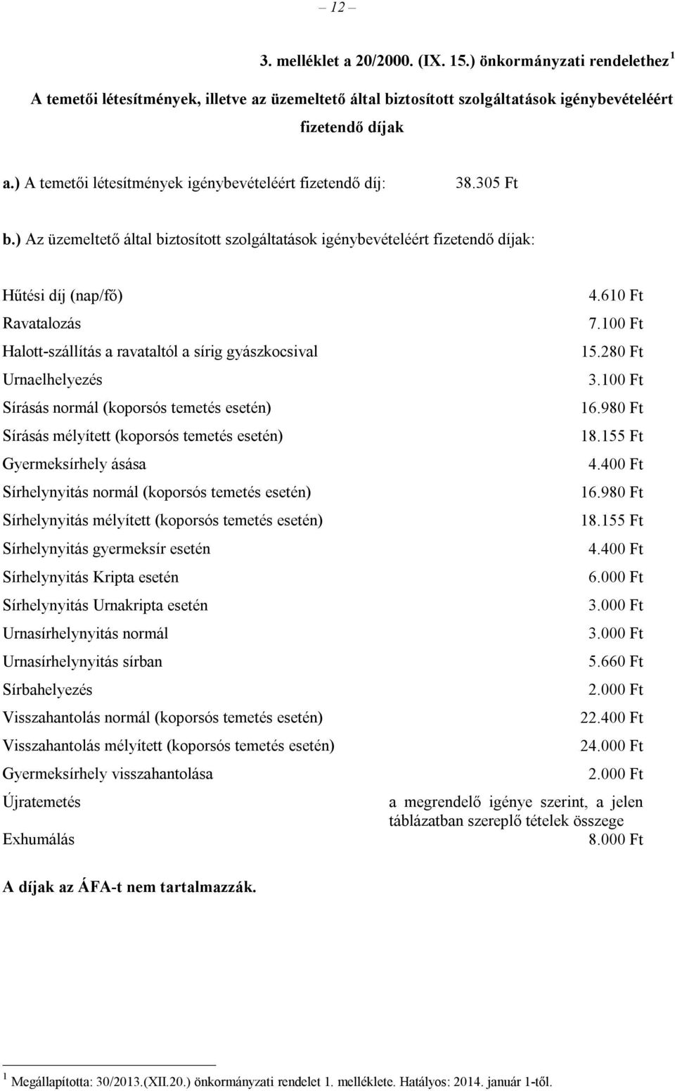 ) Az üzemeltető által biztosított szolgáltatások igénybevételéért fizetendő díjak: Hűtési díj (nap/fő) Ravatalozás Halott-szállítás a ravataltól a sírig gyászkocsival Urnaelhelyezés Sírásás normál