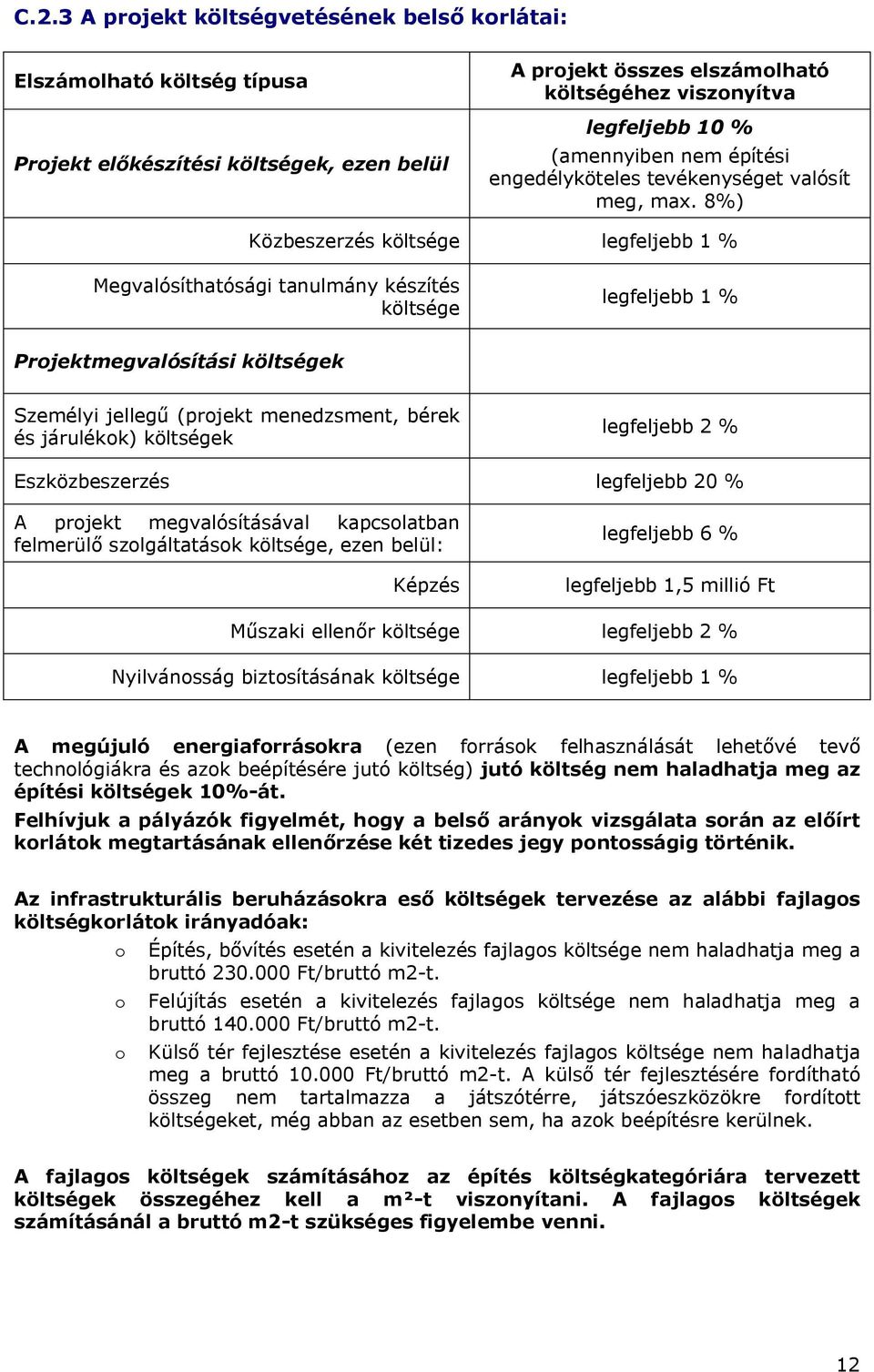 8%) Közbeszerzés költsége legfeljebb 1 % Megvalósíthatósági tanulmány készítés költsége legfeljebb 1 % Projektmegvalósítási költségek Személyi jellegű (projekt menedzsment, bérek és járulékok)