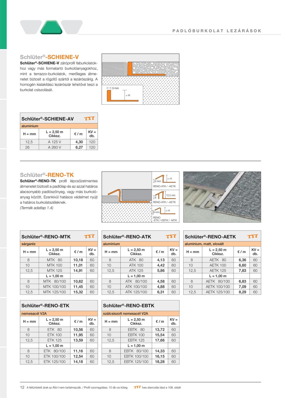 Schlüter -SCHIENE-AV alumínium 12,5 A 125 V 4,30 120 26 A 260 V 6,27 120 Schlüter -RENO-TK Schlüter -RENO-TK profil lépcsőzetmentes átmenetet biztosít a padlólap és az azzal határos alacsonyabb