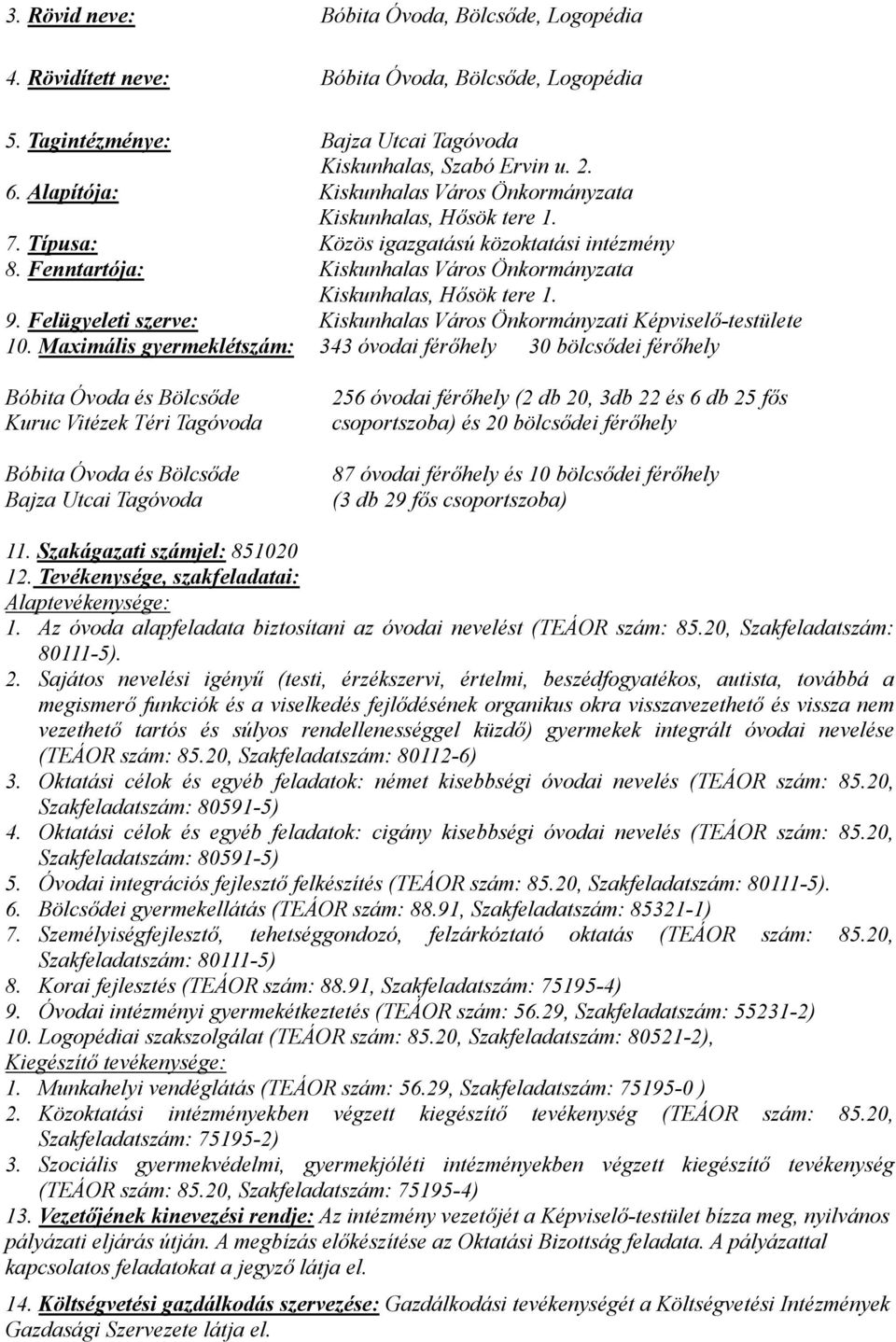 Felügyeleti szerve: Kiskunhalas Város Önkormányzati Képviselő-testülete 10.