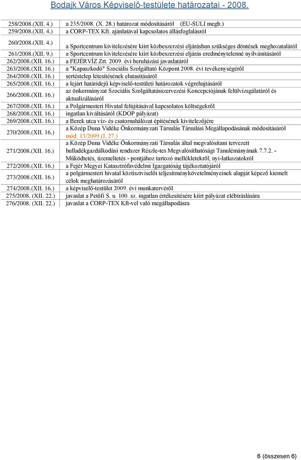 évi tevékenységéről 264/2008.(XII. 16.) sertéstelep létesítésének elutasításáról 265/2008.(XII. 16.) a lejárt határidejű képviselő-testületi határozatok végrehajtásáról 266/2008.(XII. 16.) az önkormányzat Szociális Szolgáltatásszervezési Koncepciójának felülvizsgálatáról és aktualizálásáról 267/2008.