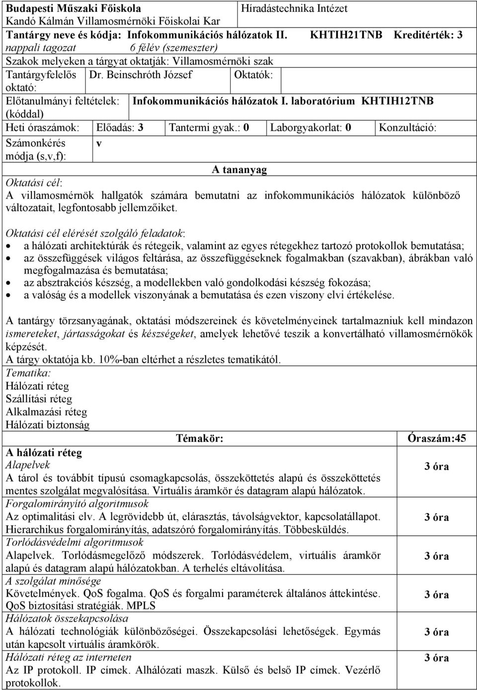 Beinschróth József Oktatók: oktató: Előtanulmányi feltételek: Infokommunikációs hálózatok I. laboratórium KHTIH12TNB (kóddal) Heti óraszámok: Előadás: 3 Tantermi gyak.