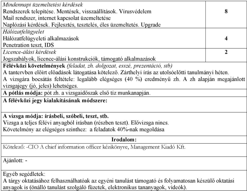 Upgrade Hálózatfelügyelet Hálózatfelügyeleti alkalmazások 4 Penetration teszt, IDS Licence-álási kérdések 2 Jogszabályok, licence-álási konstrukciók, támogató alkalmazások Félévközi követelmények