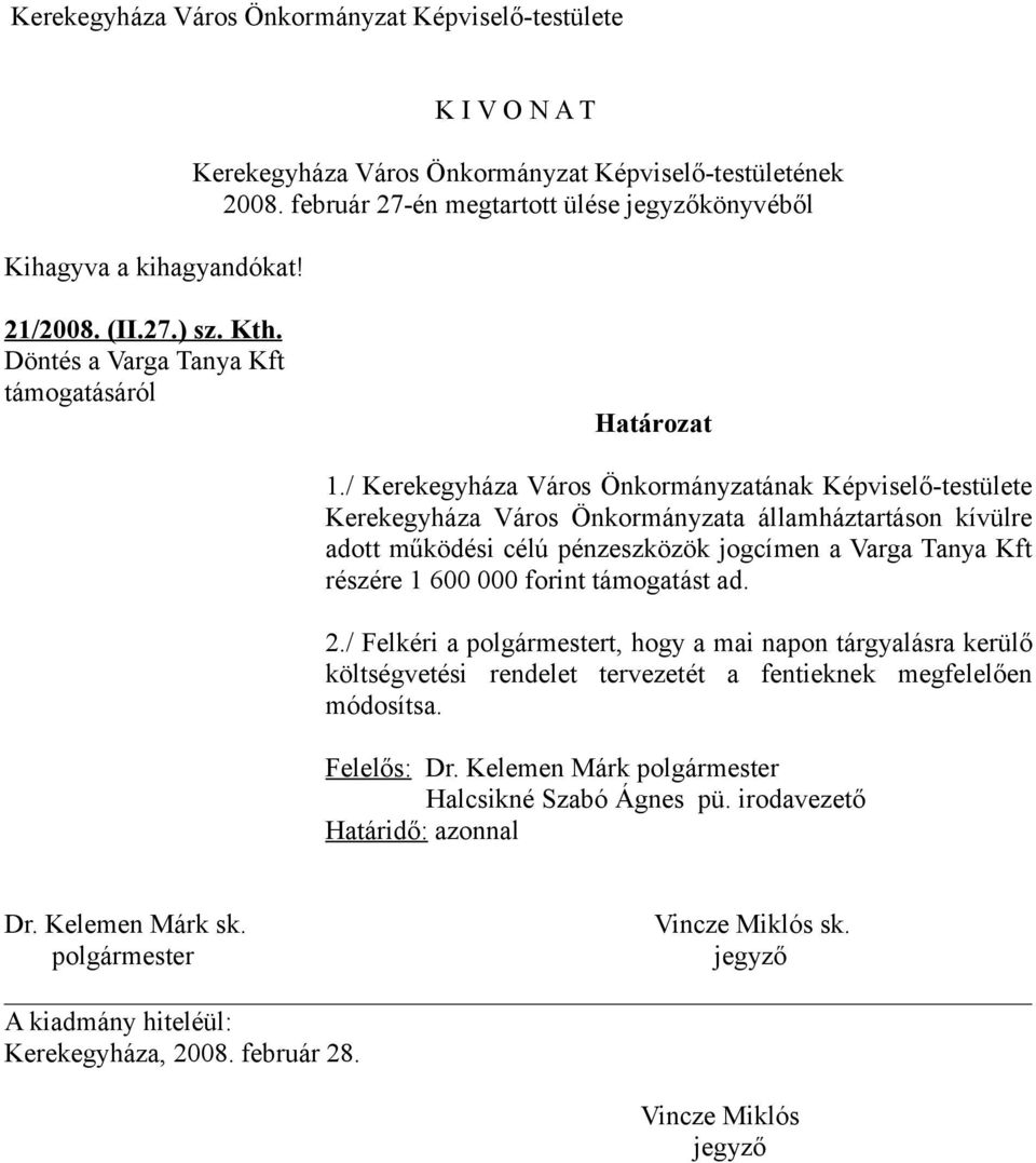 / Kerekegyháza Város Önkormányzatának Képviselőtestülete Kerekegyháza Város Önkormányzata államháztartáson kívülre adott működési célú pénzeszközök jogcímen a Varga Tanya Kft részére 1 600 000 forint