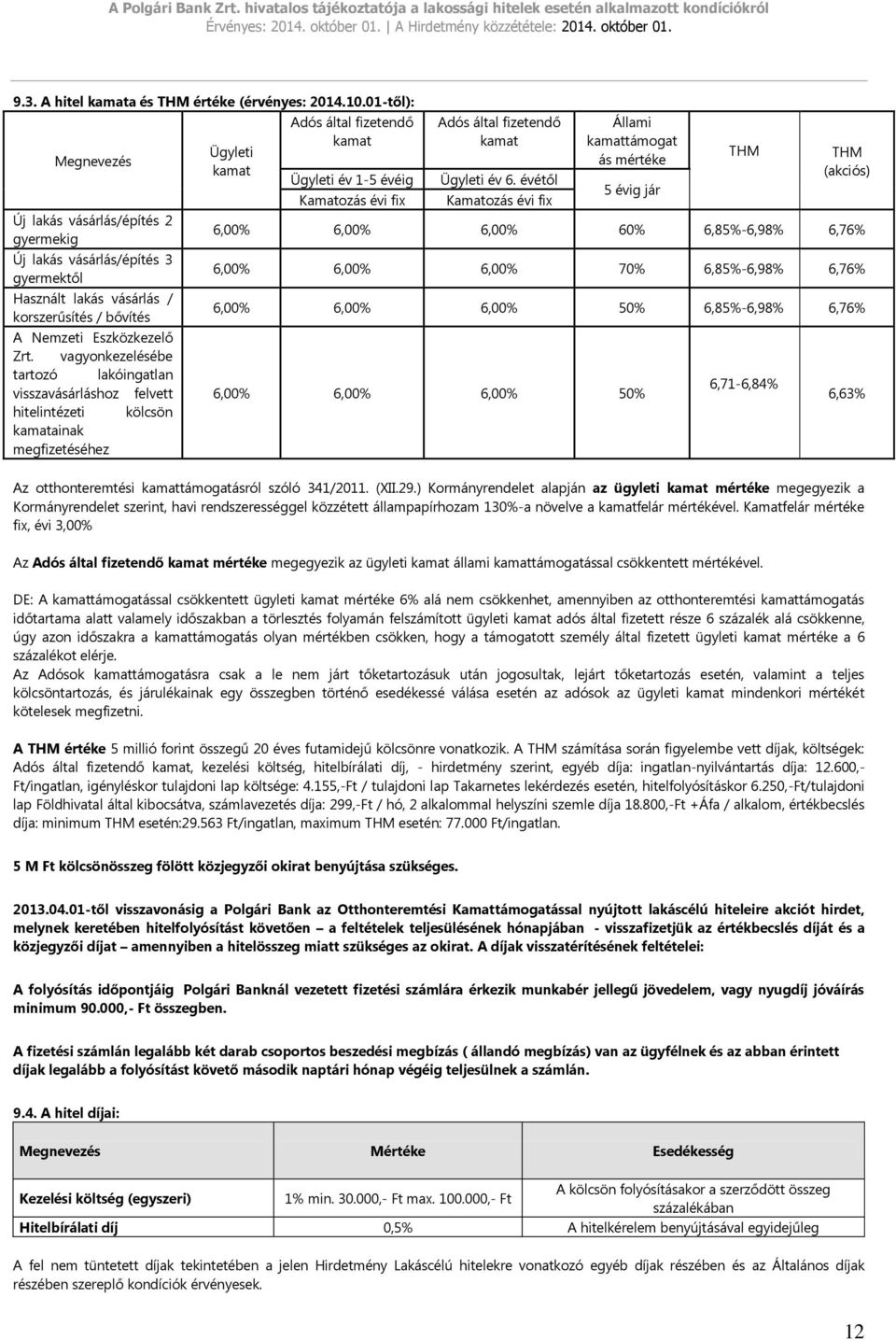 vagyonkezelésébe tartozó lakóingatlan visszavásárláshoz felvett hitelintézeti kölcsön kamatainak megfizetéséhez Ügyleti kamat Adós által fizetendő kamat Ügyleti év 1-5 évéig Kamatozás évi fix Adós