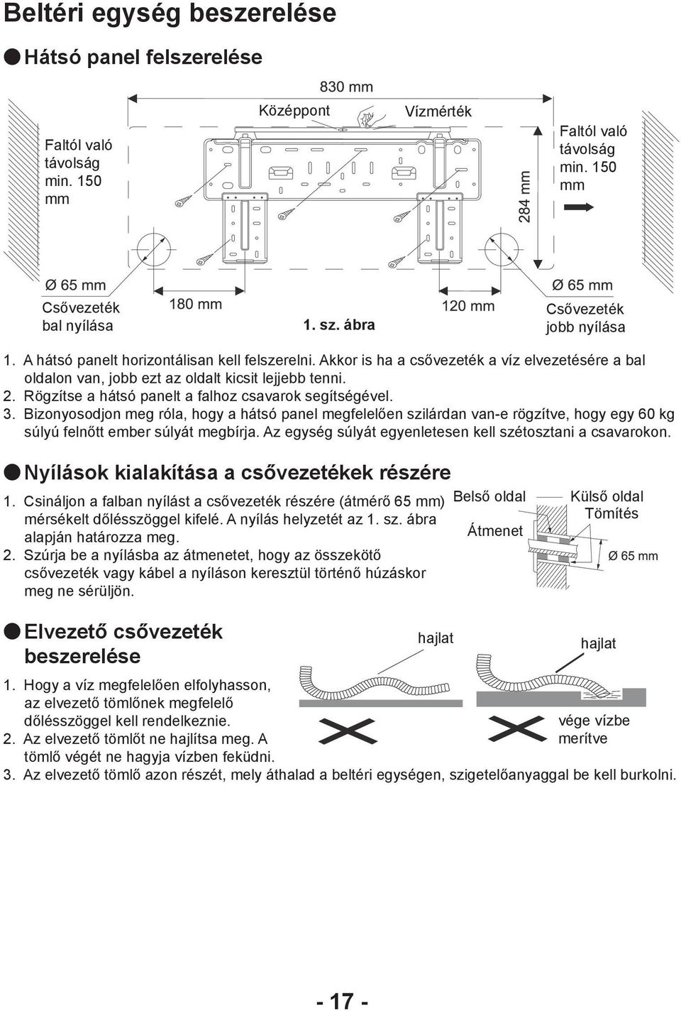 Rögzítse a hátsó panelt a falhoz csavarok segítségével. 3. Bizonyosodjon meg róla, hogy a hátsó panel megfelelően szilárdan van-e rögzítve, hogy egy 60 kg súlyú felnőtt ember súlyát megbírja.