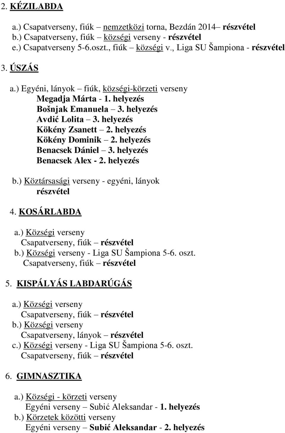 helyezés Benacsek Dániel 3. helyezés Benacsek Alex - 2. helyezés b.) Köztársasági verseny - egyéni, lányok részvétel 4. KOSÁRLABDA a.) Községi verseny Csapatverseny, fiúk részvétel b.