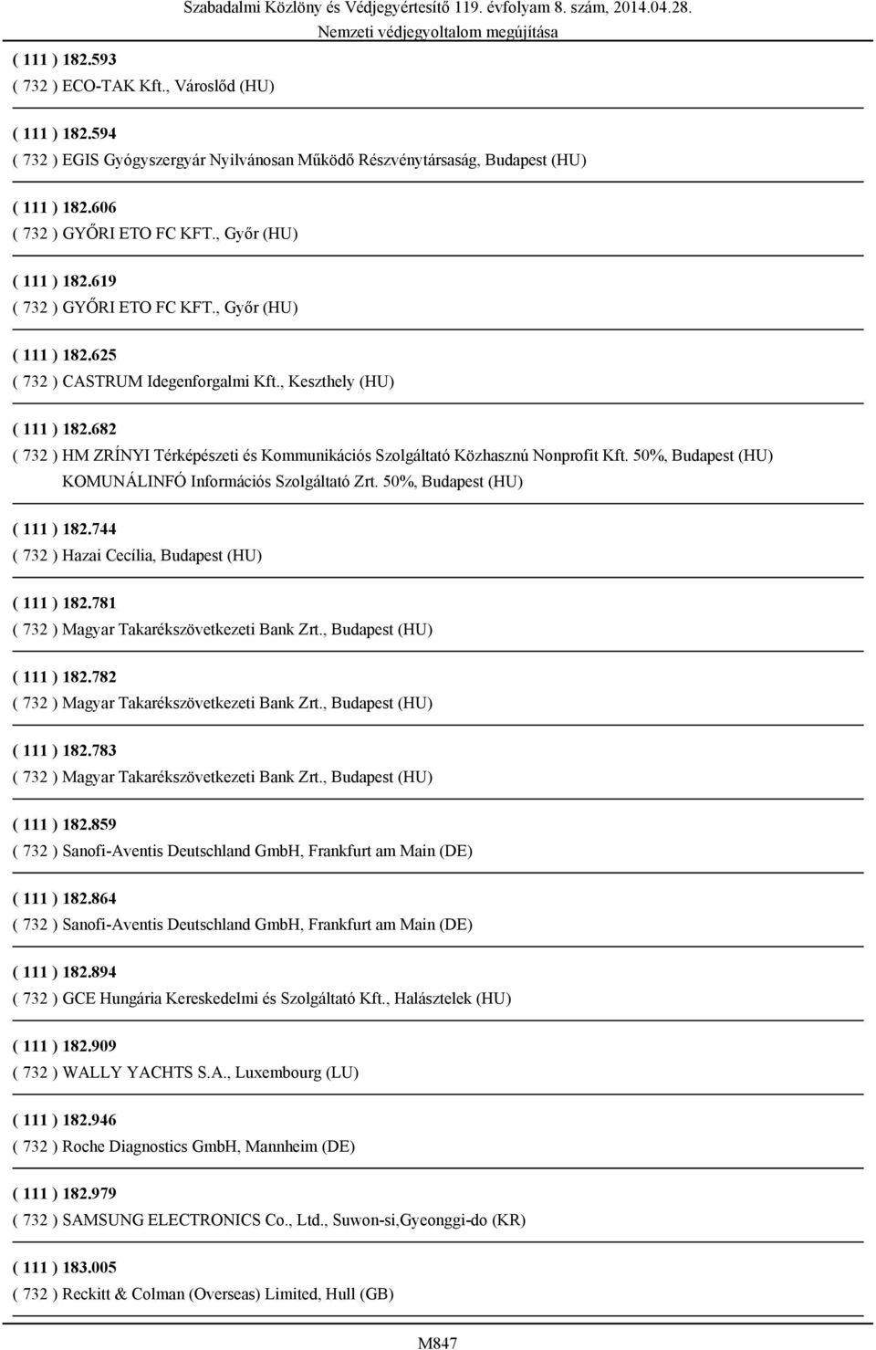 682 ( 732 ) HM ZRÍNYI Térképészeti és Kommunikációs Szolgáltató Közhasznú Nonprofit Kft. 50%, Budapest (HU) KOMUNÁLINFÓ Információs Szolgáltató Zrt. 50%, Budapest (HU) ( 111 ) 182.