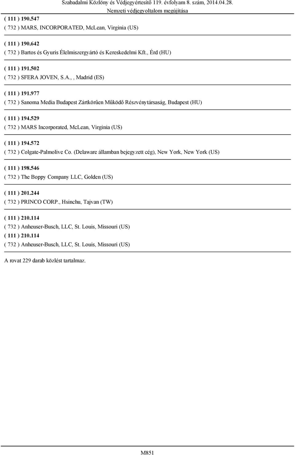 572 ( 732 ) Colgate-Palmolive Co. (Delaware államban bejegyzett cég), New York, New York (US) ( 111 ) 198.546 ( 732 ) The Boppy Company LLC, Golden (US) ( 111 ) 201.