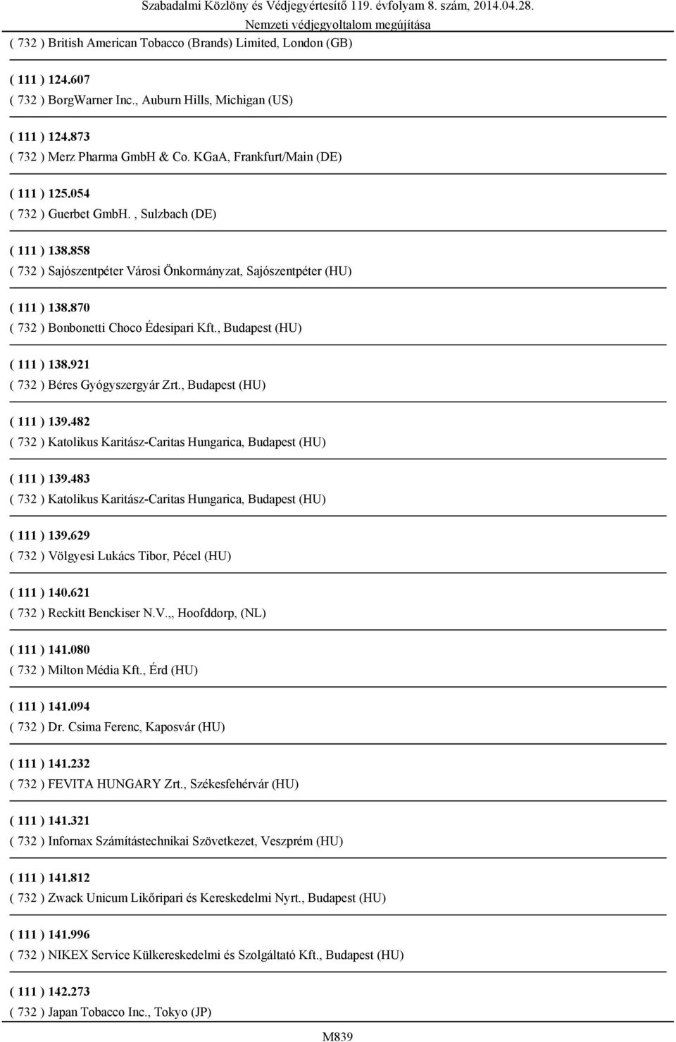 870 ( 732 ) Bonbonetti Choco Édesipari Kft., Budapest (HU) ( 111 ) 138.921 ( 111 ) 139.482 ( 732 ) Katolikus Karitász-Caritas Hungarica, Budapest (HU) ( 111 ) 139.