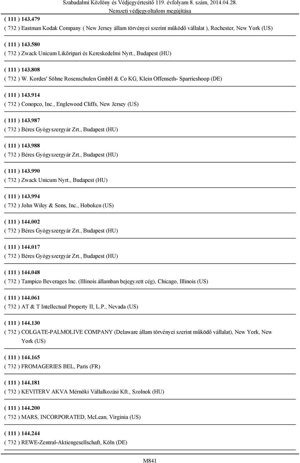 , Englewood Cliffs, New Jersey (US) ( 111 ) 143.987 ( 111 ) 143.988 ( 111 ) 143.990 ( 732 ) Zwack Unicum Nyrt., Budapest (HU) ( 111 ) 143.994 ( 732 ) John Wiley & Sons, Inc., Hoboken (US) ( 111 ) 144.