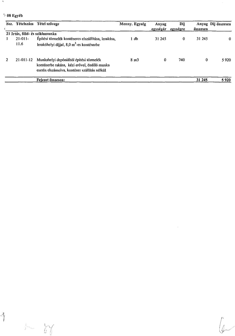 törmelék konténeres elszállítása, lerakása, 1 db 31 245 0 31 245 0 11-6 lerakóhelyi díjjal, 8,0 m 3 -es konténerbe 2