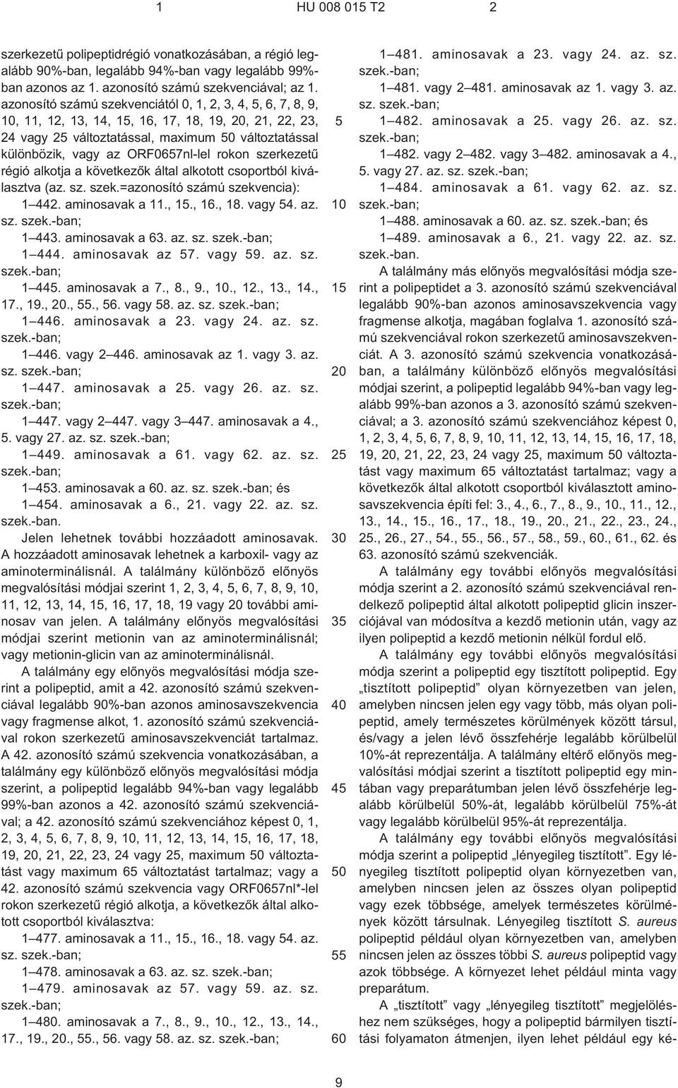 ORF0657nl-lel rokon szerkezetû régió alkotja a következõk által alkotott csoportból kiválasztva (az. sz. szek.=azonosító számú szekvencia): 1 442. aminosavak a 11., 15., 16., 18. vagy 54. az. sz. szek.¹ban; 1 443.