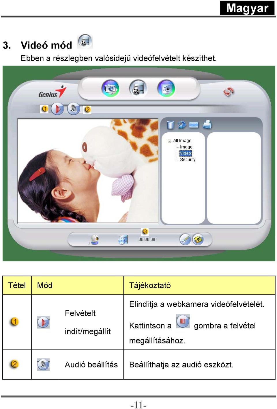 Tétel Mód Tájékoztató Felvételt indít/megállít Elindítja a