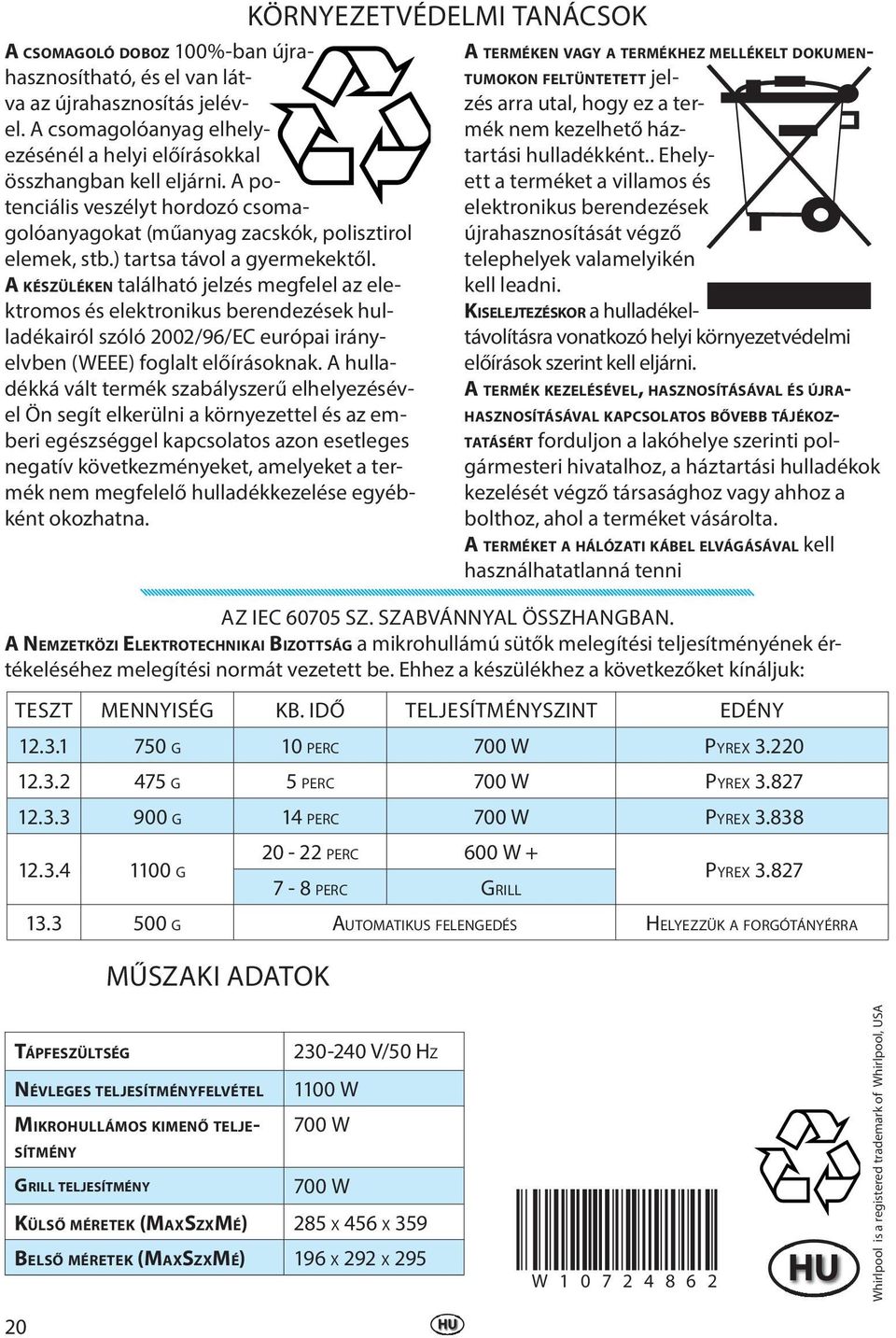 A KÉSZÜLÉKEN található jelzés megfelel az elektromos és elektronikus berendezések hulladékairól szóló 2002/96/EC európai irányelvben (WEEE) foglalt előírásoknak.