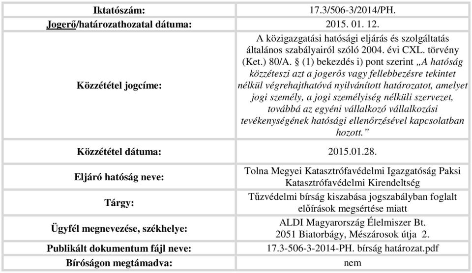 személyiség nélküli szervezet, továbbá az egyéni vállalkozó vállalkozási tevékenységének hatósági ellenőrzésével kapcsolatban hozott. Közzététel dátuma: 2015.01.28.