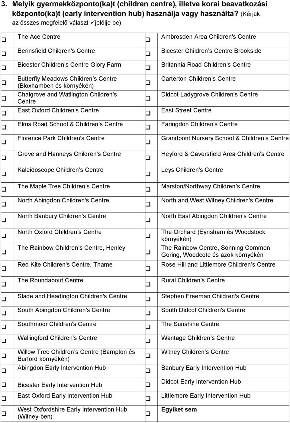 Farm Britannia Road Children s Centre Butterfly Meadows Children s Centre (Bloxhamben és környékén) Carterton Children s Centre Chalgrove and Watlington Children s Centre Didcot Ladygrove Children's