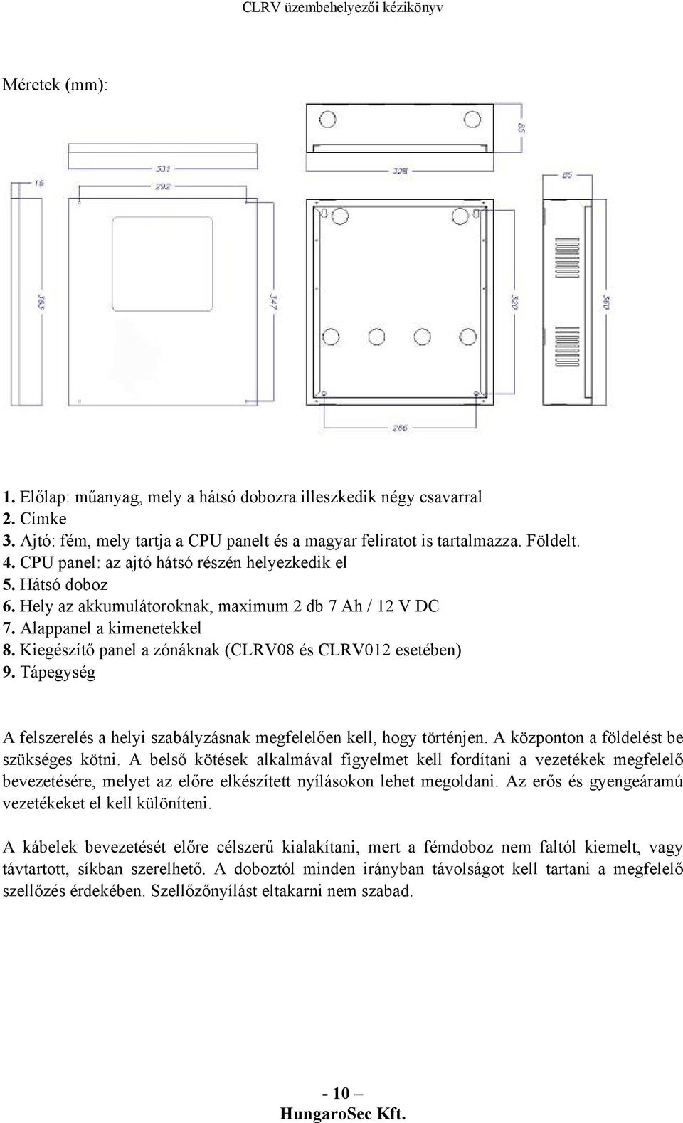 Kiegészítő panel a zónáknak (CLRV08 és CLRV012 esetében) 9. Tápegység A felszerelés a helyi szabályzásnak megfelelően kell, hogy történjen. A központon a földelést be szükséges kötni.