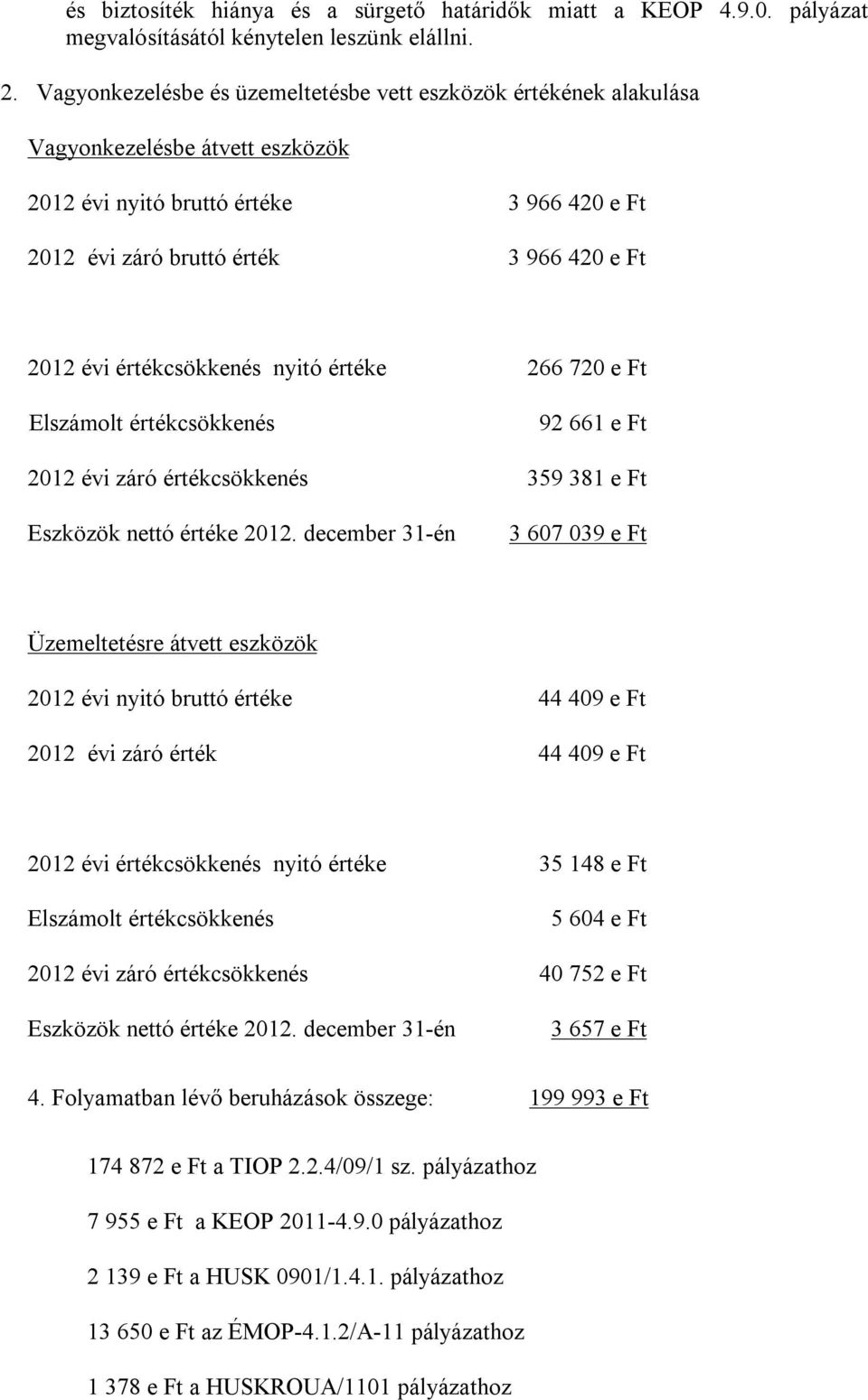 értékcsökkenés nyitó értéke 266 720 e Ft Elszámolt értékcsökkenés 92 661 e Ft 2012 évi záró értékcsökkenés 359 381 e Ft Eszközök nettó értéke 2012.