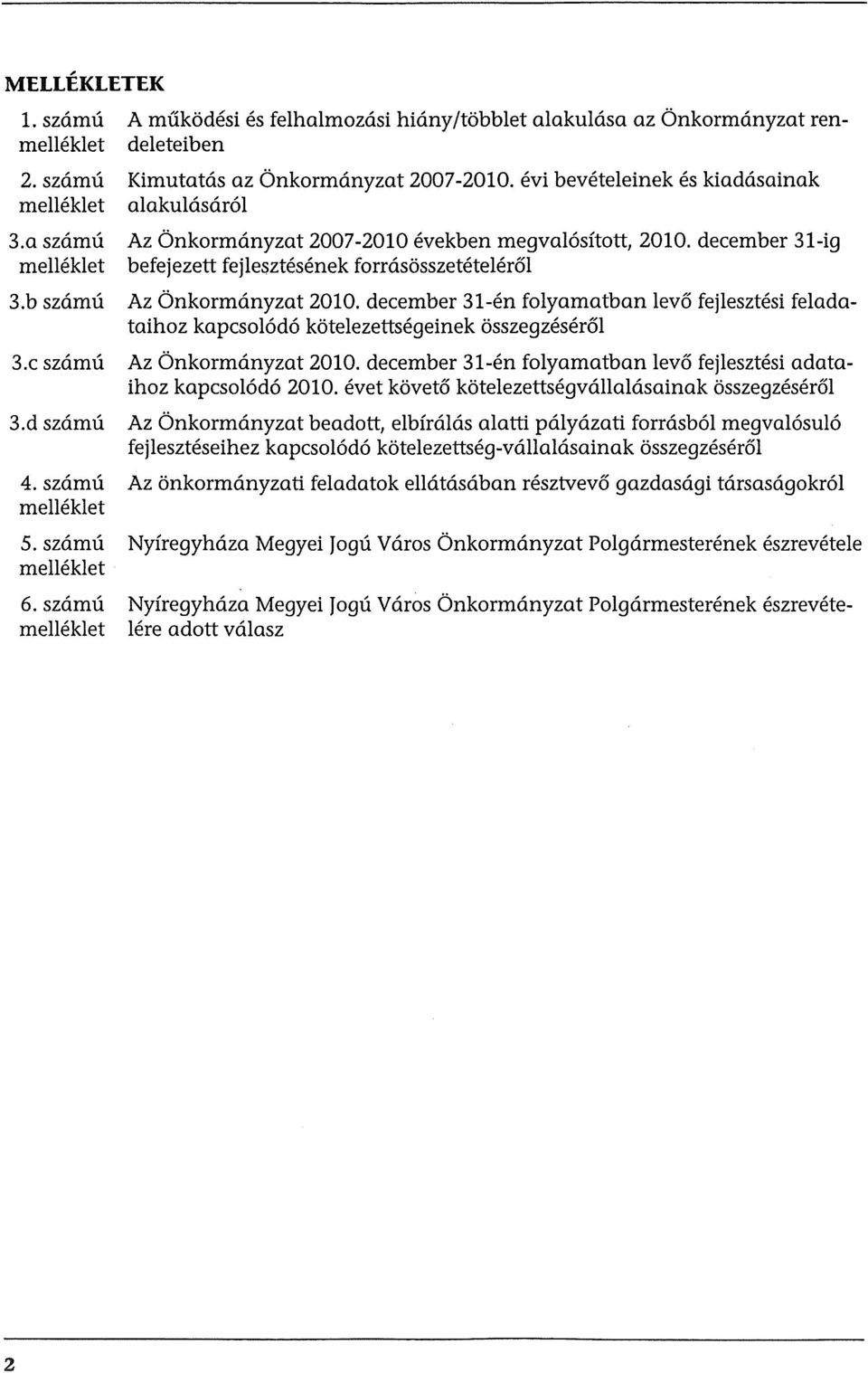 b szamu Az Onkormanyzat 2010. december 31-en folyamatban levo fejlesztesi feladataihoz kapcsol6d6 kotelezettsegeinek osszegzeserol 3.c szamu Az Onkormanyzat 2010.