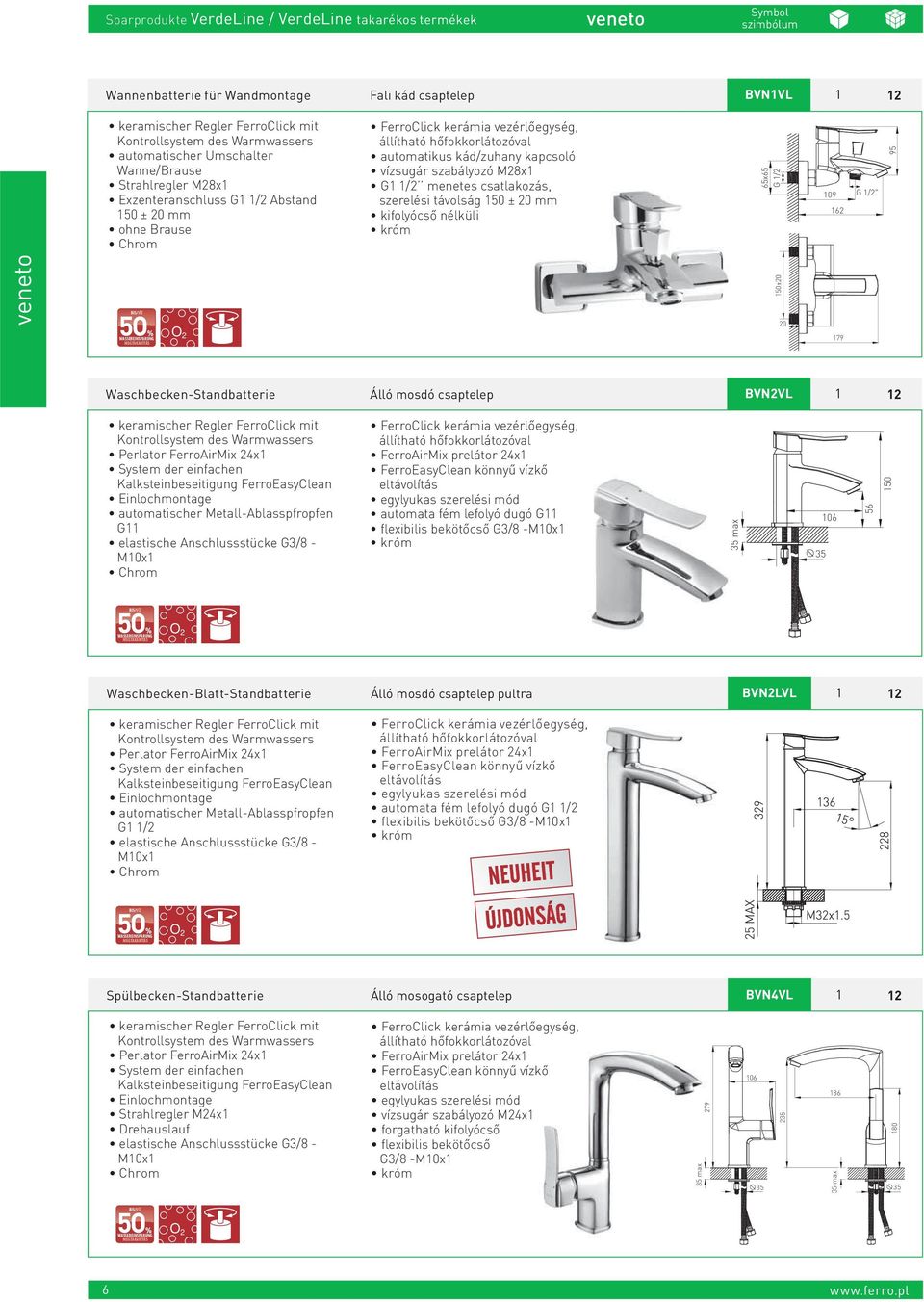 szabályozó M28x1 G1 1/2 menetes csatlakozás, szerelési távolság 150 ± 20 mm kifolyócső nélküli 65x65 G 1/2 109 G 1/2" 162 95 veneto BIS/VÍZ WASSEREINSPARUNG MEGTAKARÍTÁS 150±20 20 179