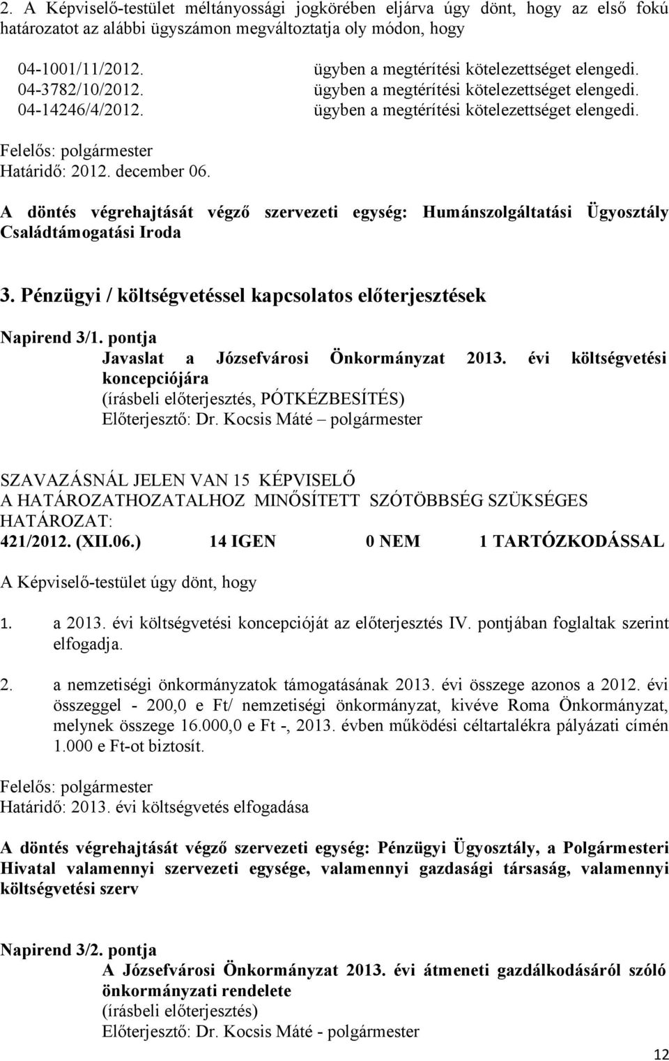 december 06. A döntés végrehajtását végző szervezeti egység: Humánszolgáltatási Ügyosztály Családtámogatási Iroda 3. Pénzügyi / költségvetéssel kapcsolatos előterjesztések Napirend 3/1.