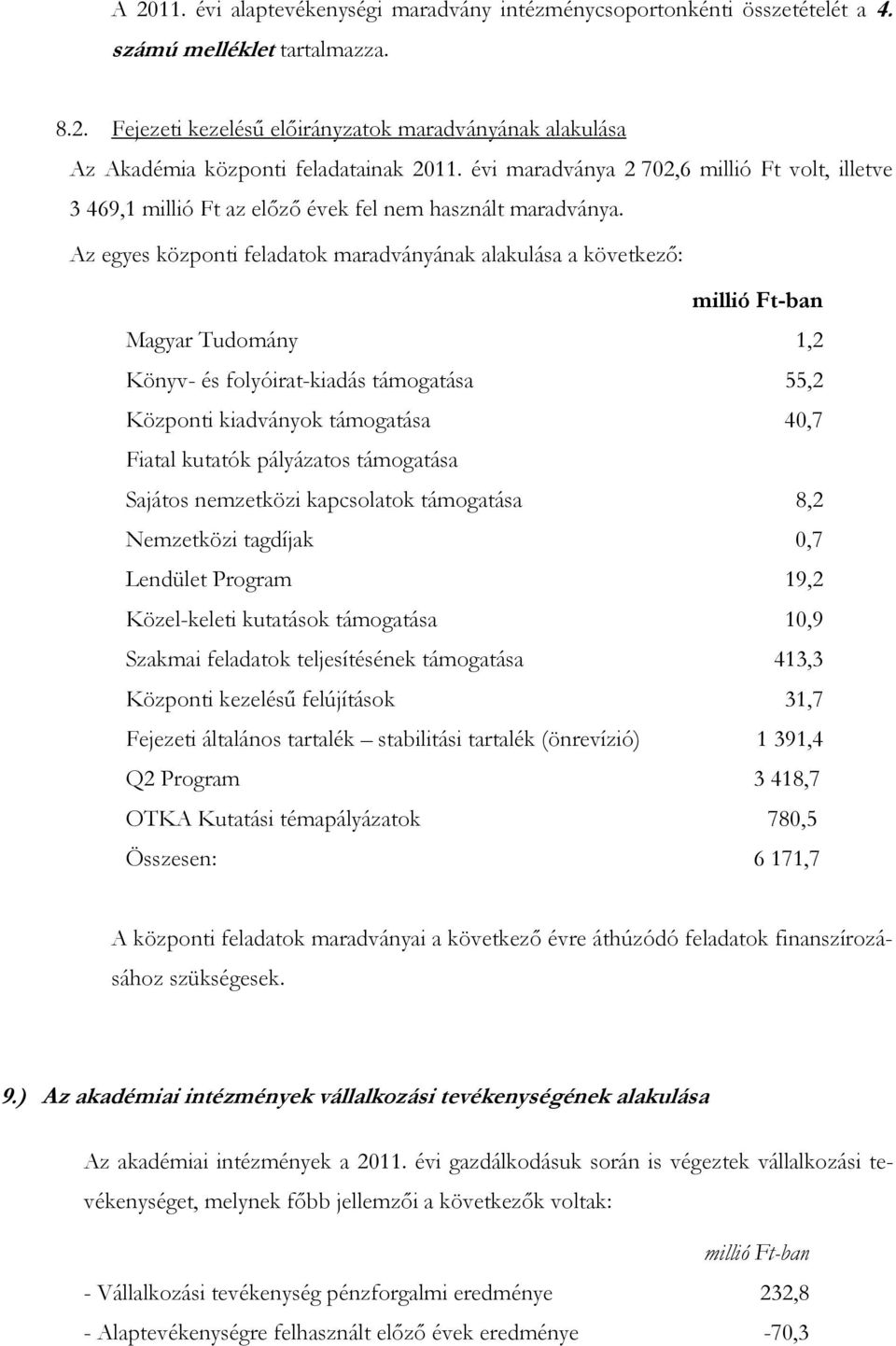 Az egyes központi feladatok maradványának alakulása a következő: millió Ft-ban Magyar Tudomány 1,2 Könyv- és folyóirat-kiadás támogatása 55,2 Központi kiadványok támogatása 40,7 Fiatal kutatók