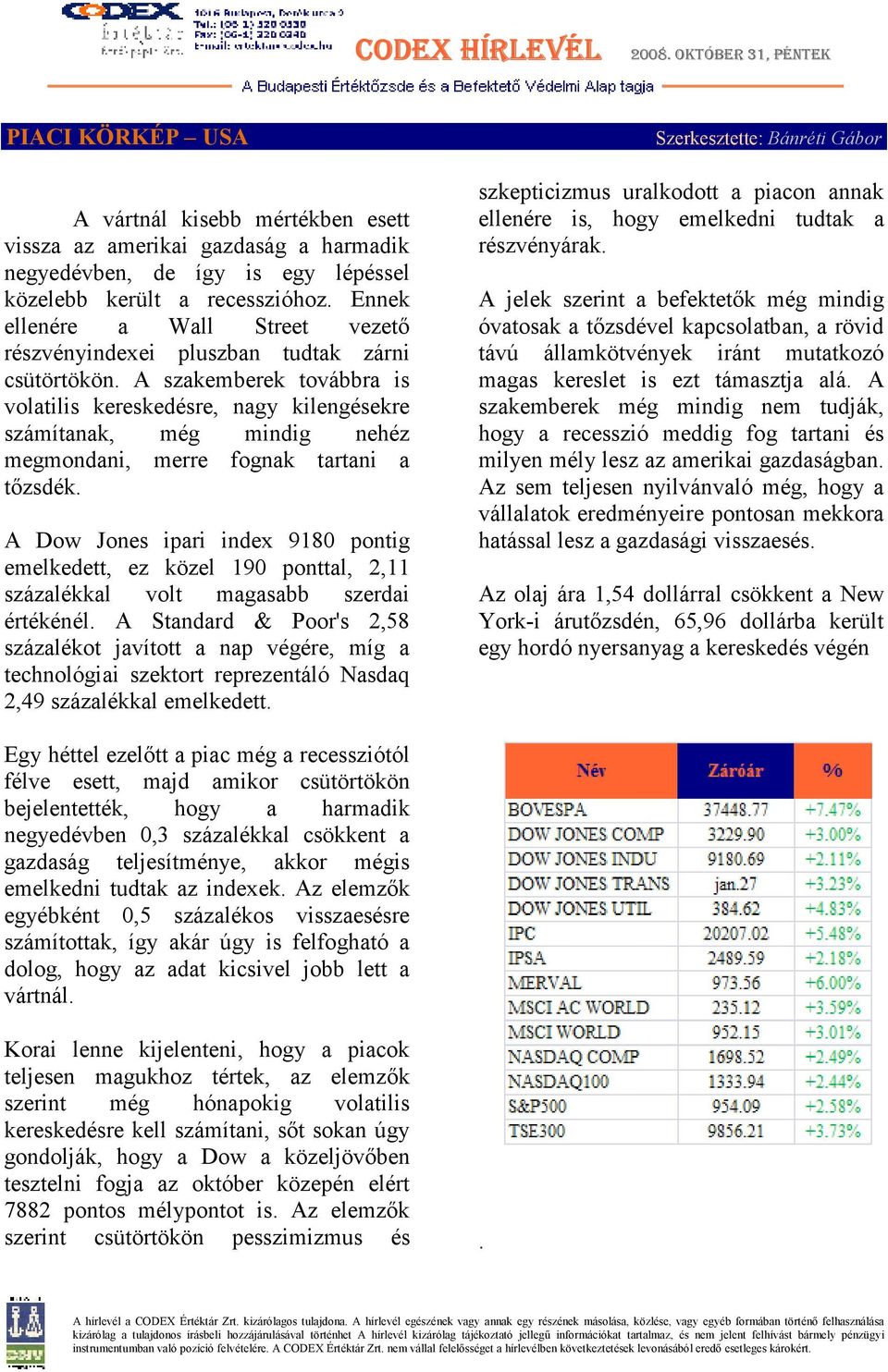 Jones ipari index 9180 pontig emelkedett, ez közel 190 ponttal, 2,11 százalékkal volt magasabb szerdai értékénél A Standard & Poor's 2,58 százalékot javított a nap végére, míg a technológiai szektort