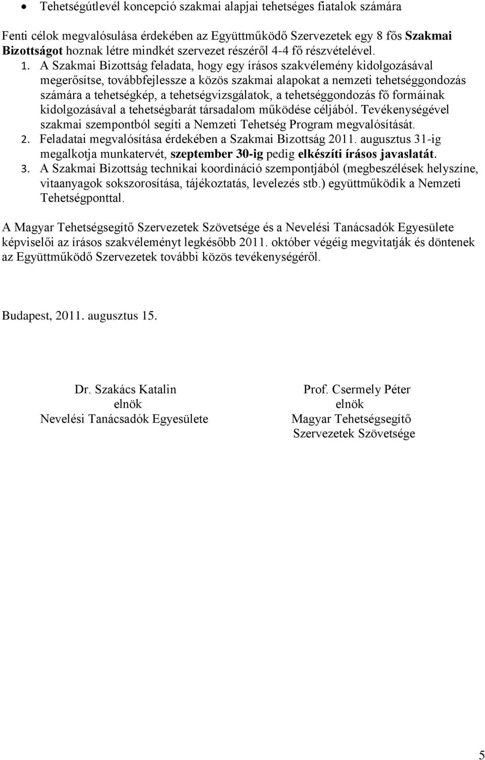 A Szakmai Bizottság feladata, hogy egy írásos szakvélemény kidolgozásával megerősítse, továbbfejlessze a közös szakmai alapokat a nemzeti tehetséggondozás számára a tehetségkép, a