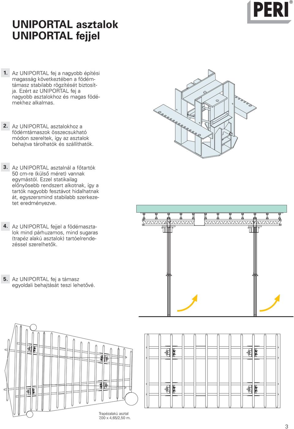 Az UNIPORTAL asztalokhoz a födémtámaszok összecsukható módon szereltek, így az asztalok behajtva tárolhatók és szállíthatók. 3.