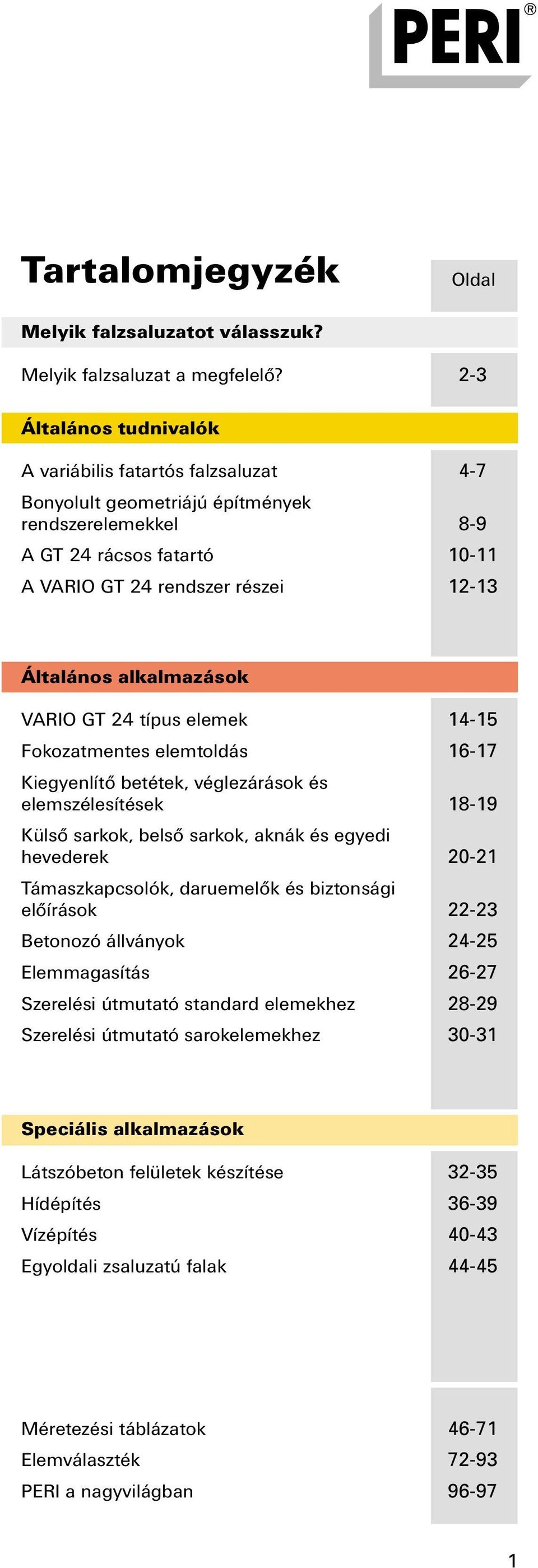 alkalmazások VARIO GT 24 típus elemek 14-15 Fokozatmentes elemtoldás 16-17 Kiegyenlítő betétek, véglezárások és elemszélesítések 18-19 Külső sarkok, belső sarkok, aknák és egyedi hevederek 20-21