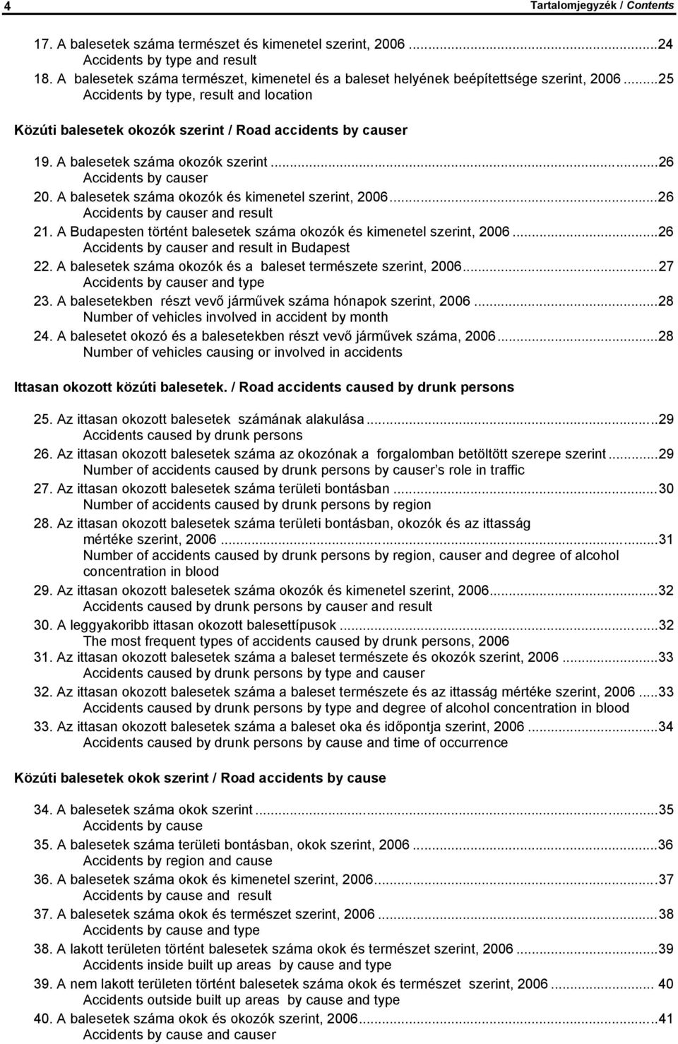 A balesetek száma okozók szerint...26 Accidents by causer 20. A balesetek száma okozók és kimenetel szerint, 2006...26 Accidents by causer and result 21.