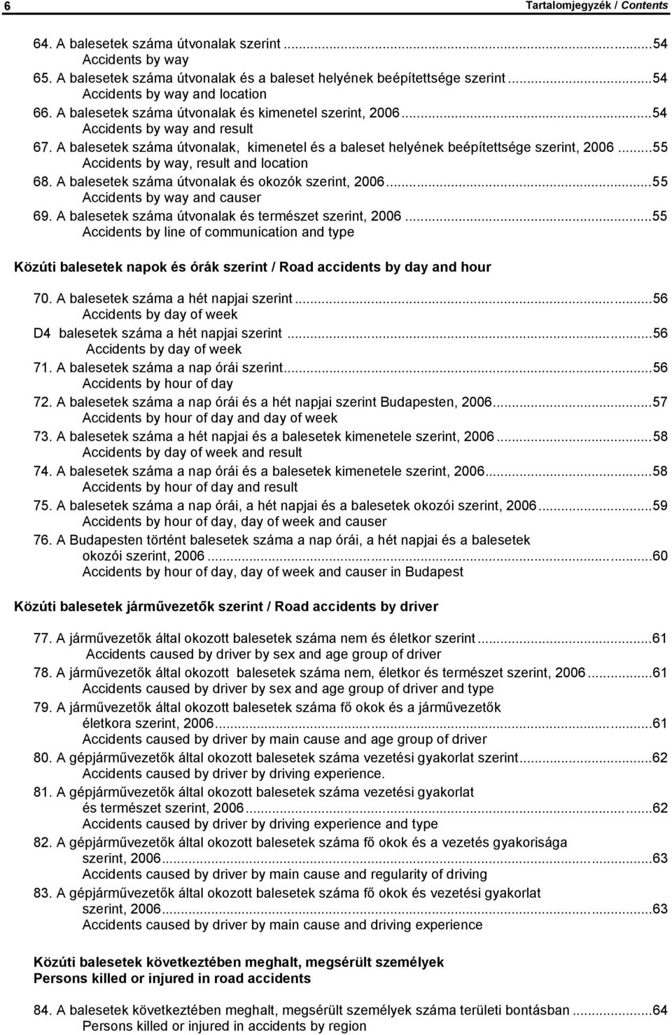 A balesetek száma útvonalak, kimenetel és a baleset helyének beépítettsége szerint, 2006...55 Accidents by way, result and location 68. A balesetek száma útvonalak és okozók szerint, 2006.