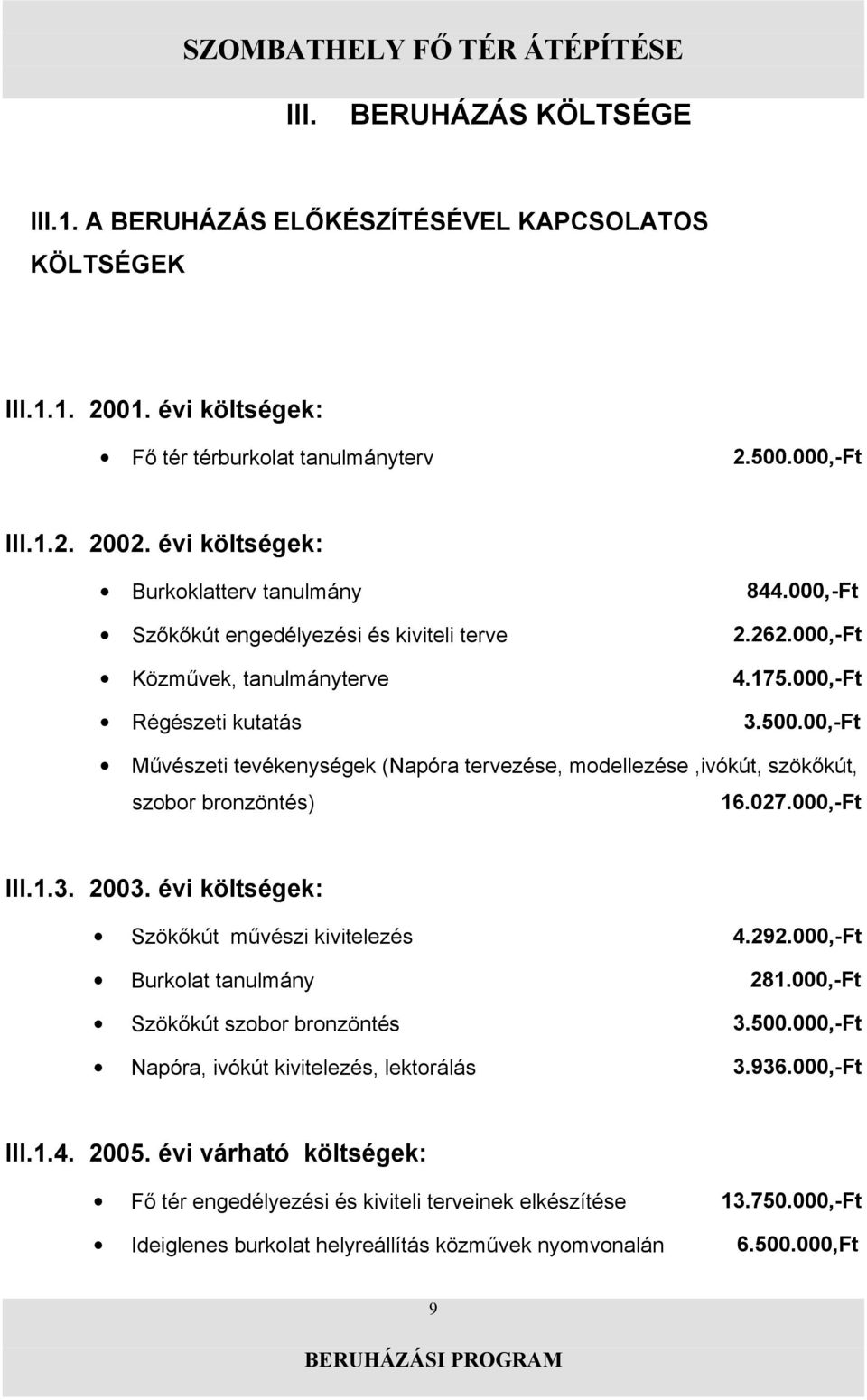 00,-Ft szobor bronzöntés) 16.027.000,-Ft III.1.3. 2003. évi költségek: 4.292.000,-Ft Burkolat tanulmány 281.