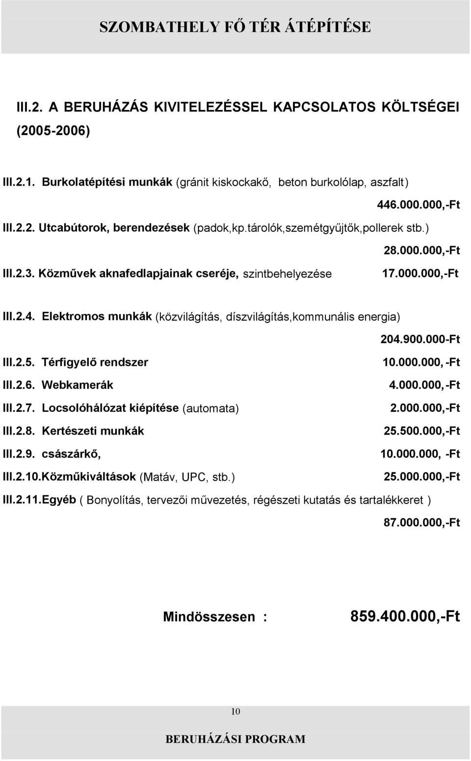 000-Ft -Ft III.2.6. Webkamerák III.2.7. Locsolóhálózat kiépítése (automata) III.2.8. Kertészeti munkák 4.000.000,-Ft 2.000.000,-Ft 25.