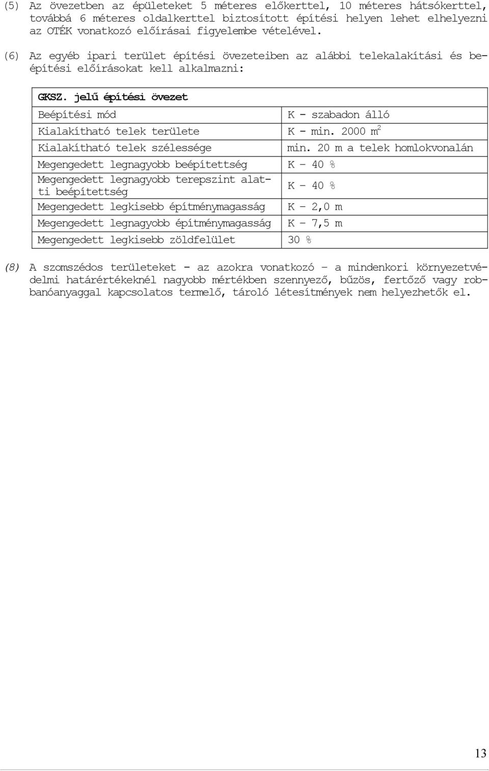 jelű építési övezet Beépítési mód K - szabadon álló Kialakítható telek területe K - min. 2000 m 2 Kialakítható telek szélessége min.