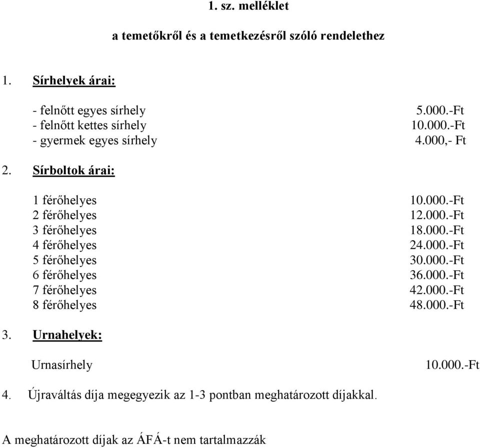 000.-Ft 4 férőhelyes 24.000.-Ft 5 férőhelyes 30.000.-Ft 6 férőhelyes 36.000.-Ft 7 férőhelyes 42.000.-Ft 8 férőhelyes 48.000.-Ft 3.